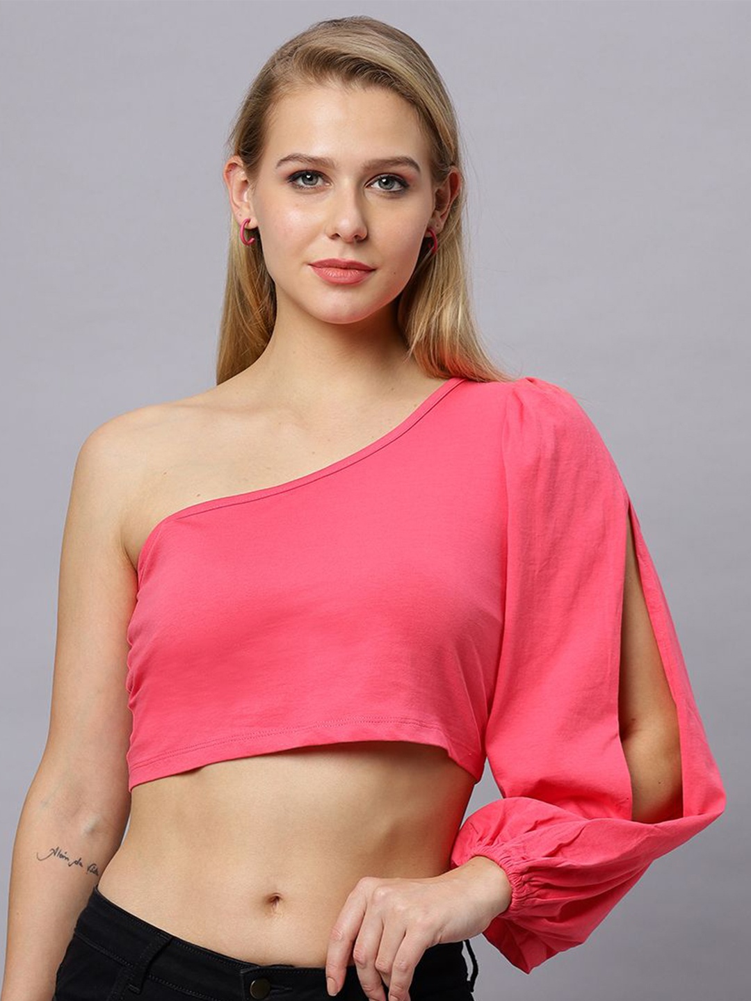 

Autumn Hues One Shoulder Slit Sleeve Cotton Crop Top, Pink