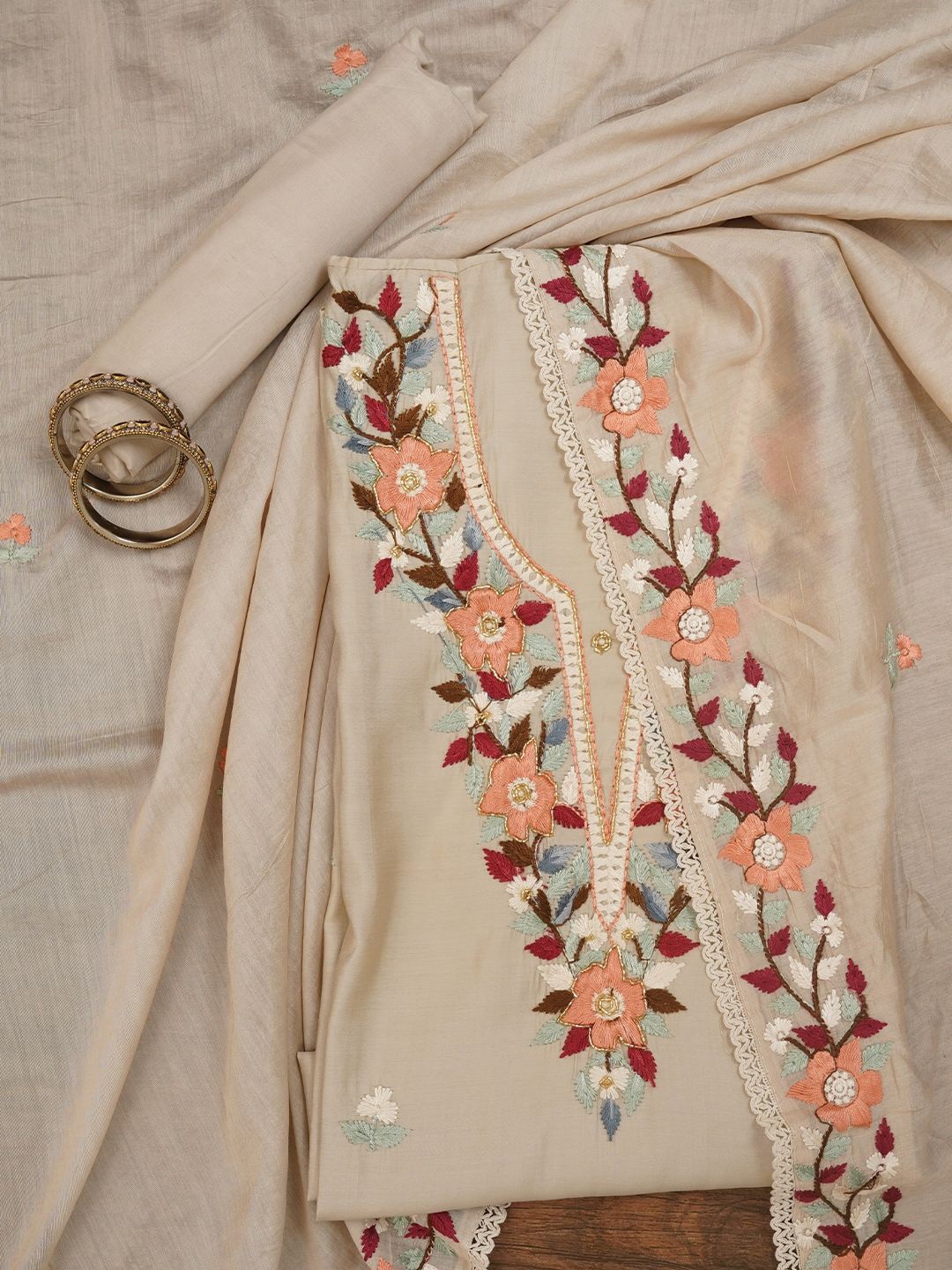 

Jaipur Kurti Pure Silk Lucknowi Embroidered Dress Material with Dupatta, Cream