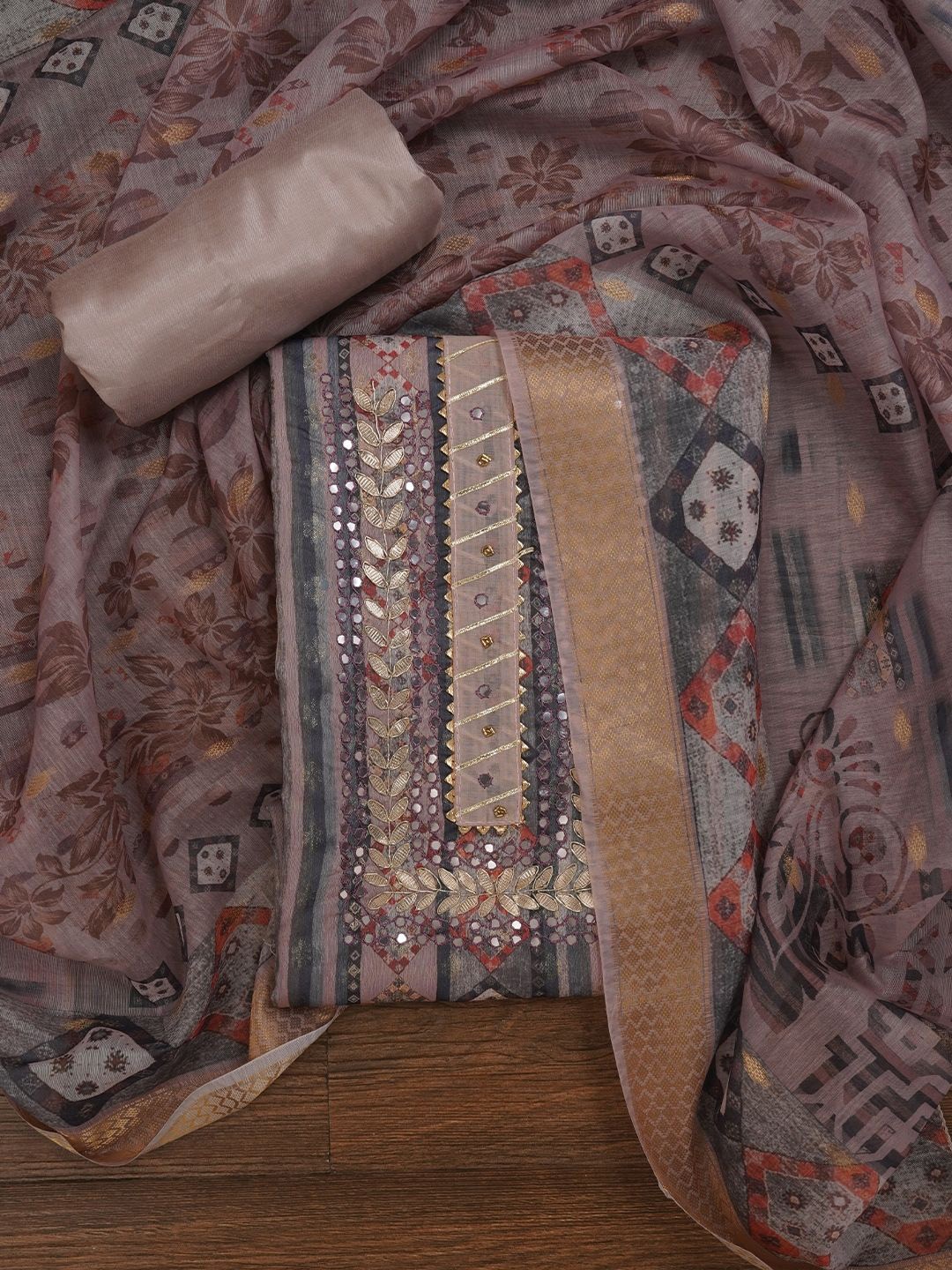 

Jaipur Kurti Festive Silk Blend Zari Dress Material With Dupatta, Rose gold