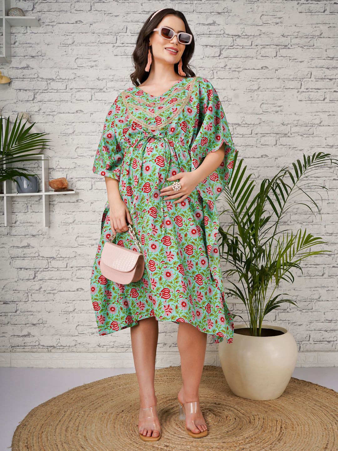 

angloindu Women Floral Print Flared Sleeve Maternity A-Line Midi Dress, Green