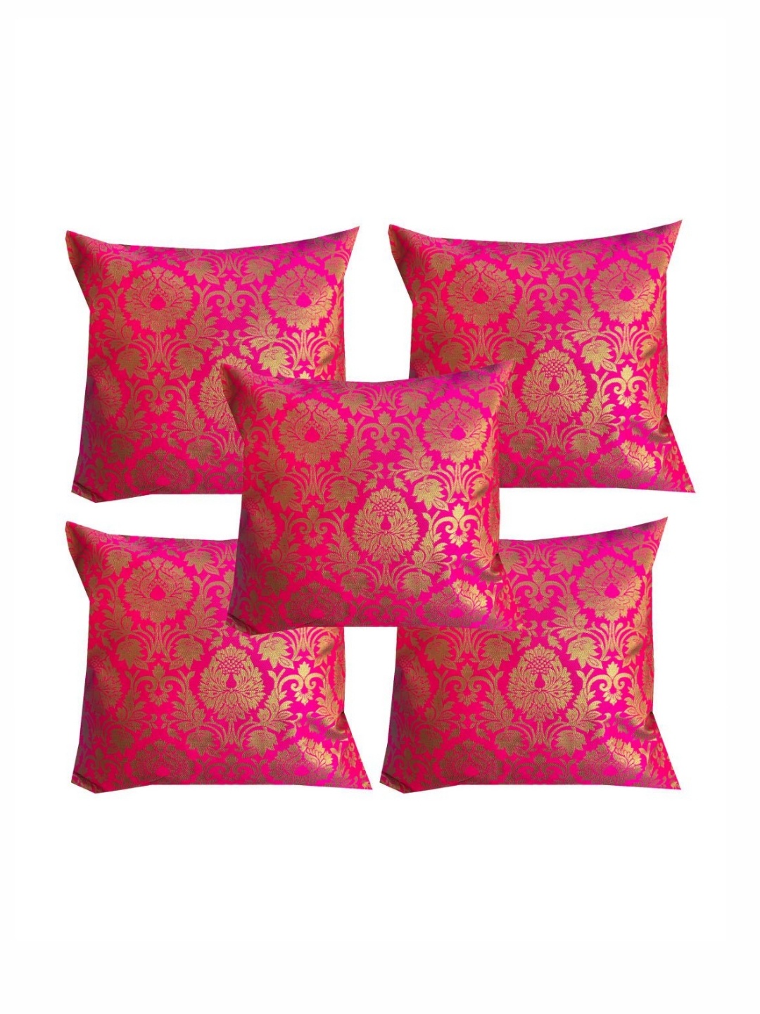 

Pink Parrot Peach-Coloured & Gold-Toned 5 Pieces Jacquard Floral Square Cushion Covers