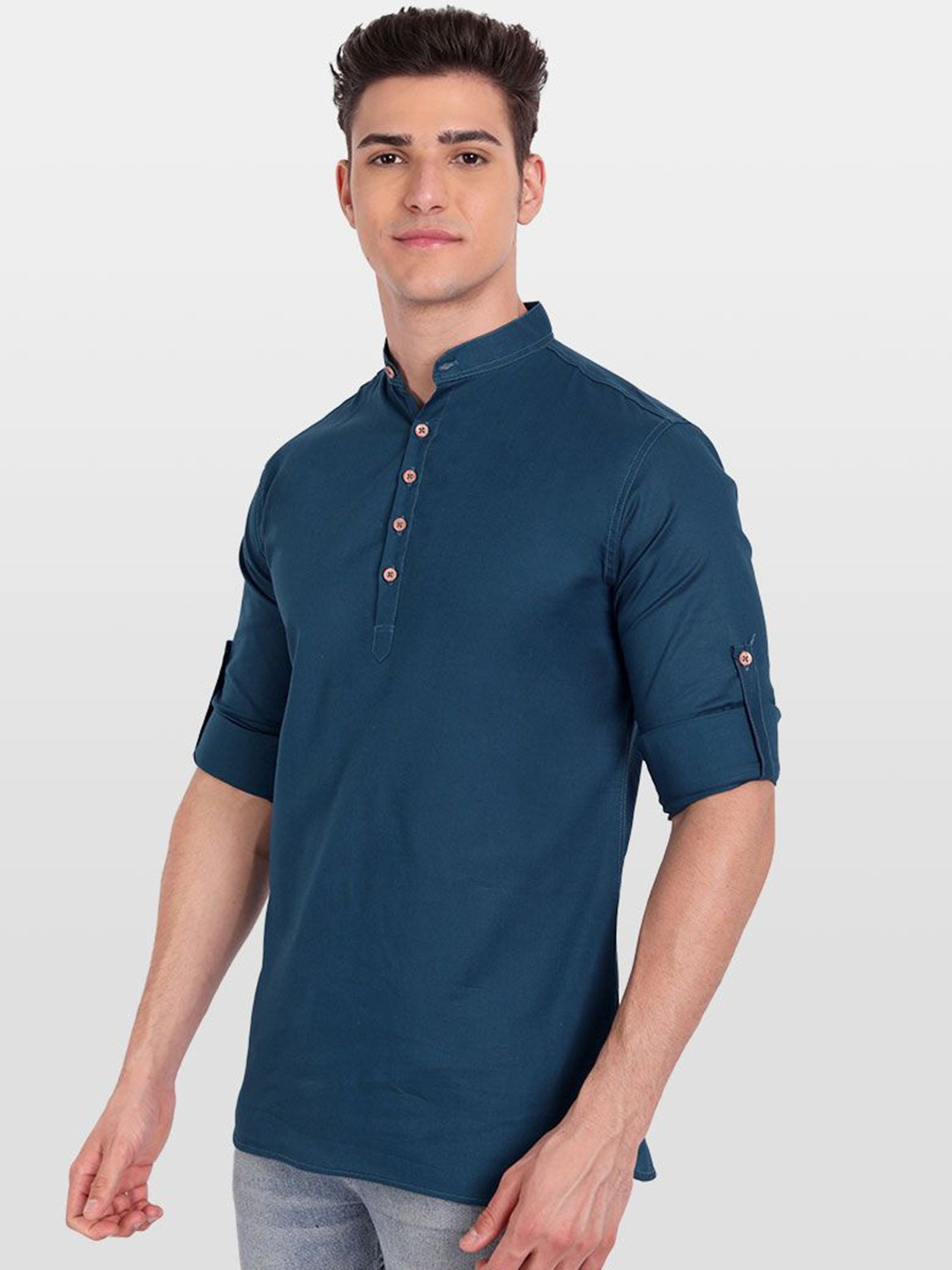 

TrendiVastra Mandarin Collar Cotton Straight Kurta, Blue