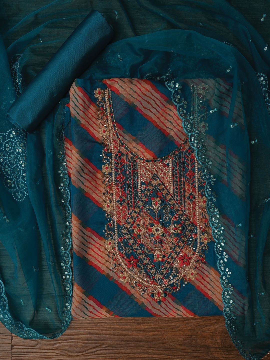 

Jaipur Kurti Floral Silk Zari Woven Dress Material with Dupatta, Teal