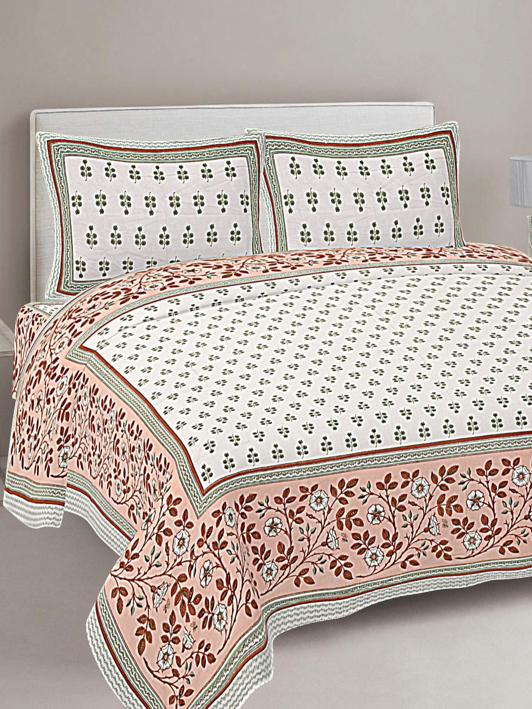 

FrionKandy Living Peach Floral Printed Cotton 180 TC King Bedsheet With 2 Pillow Covers