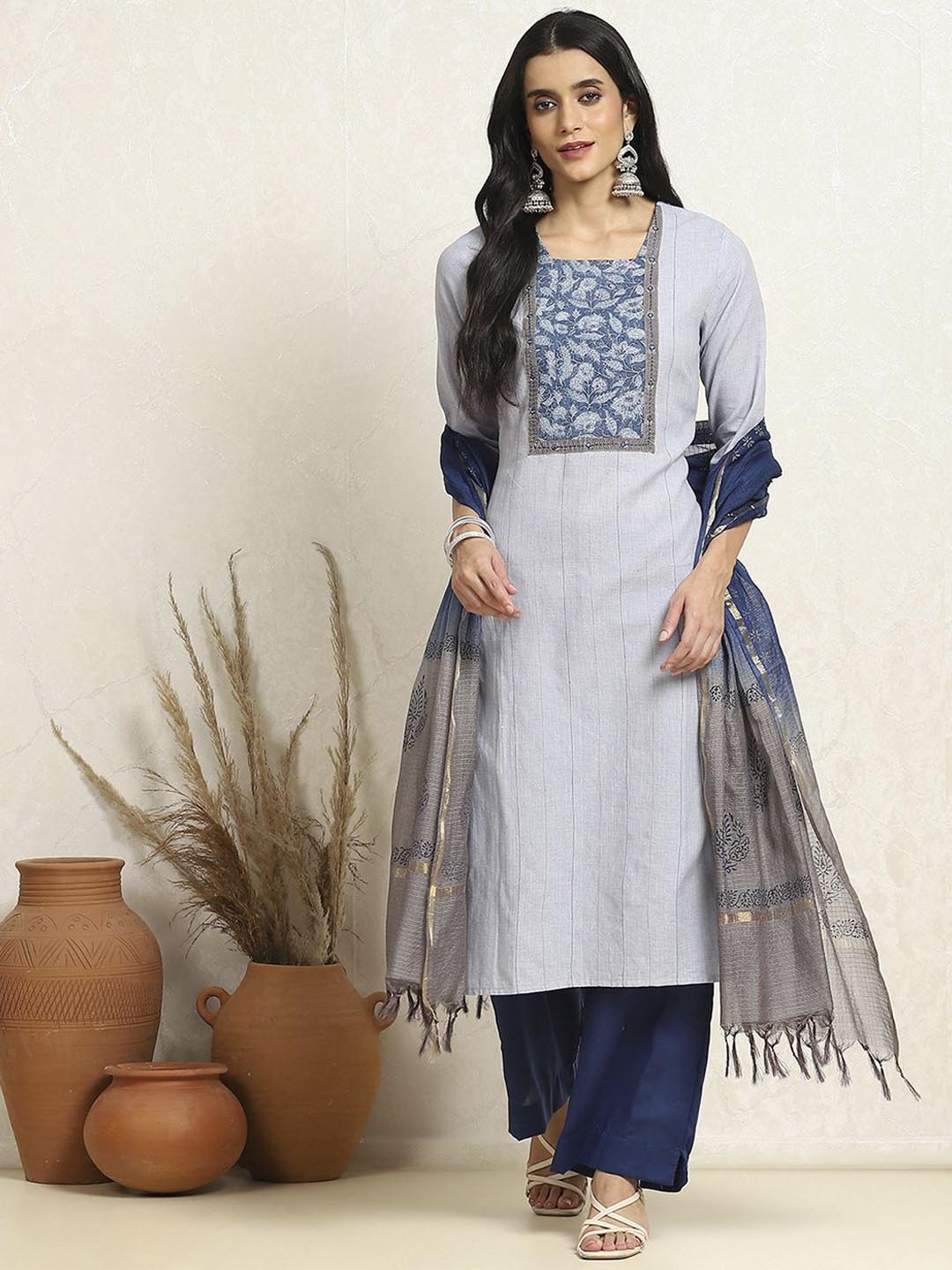 

Biba Floral Yoke Design Mirror Work Unstitched Dress Material, Blue