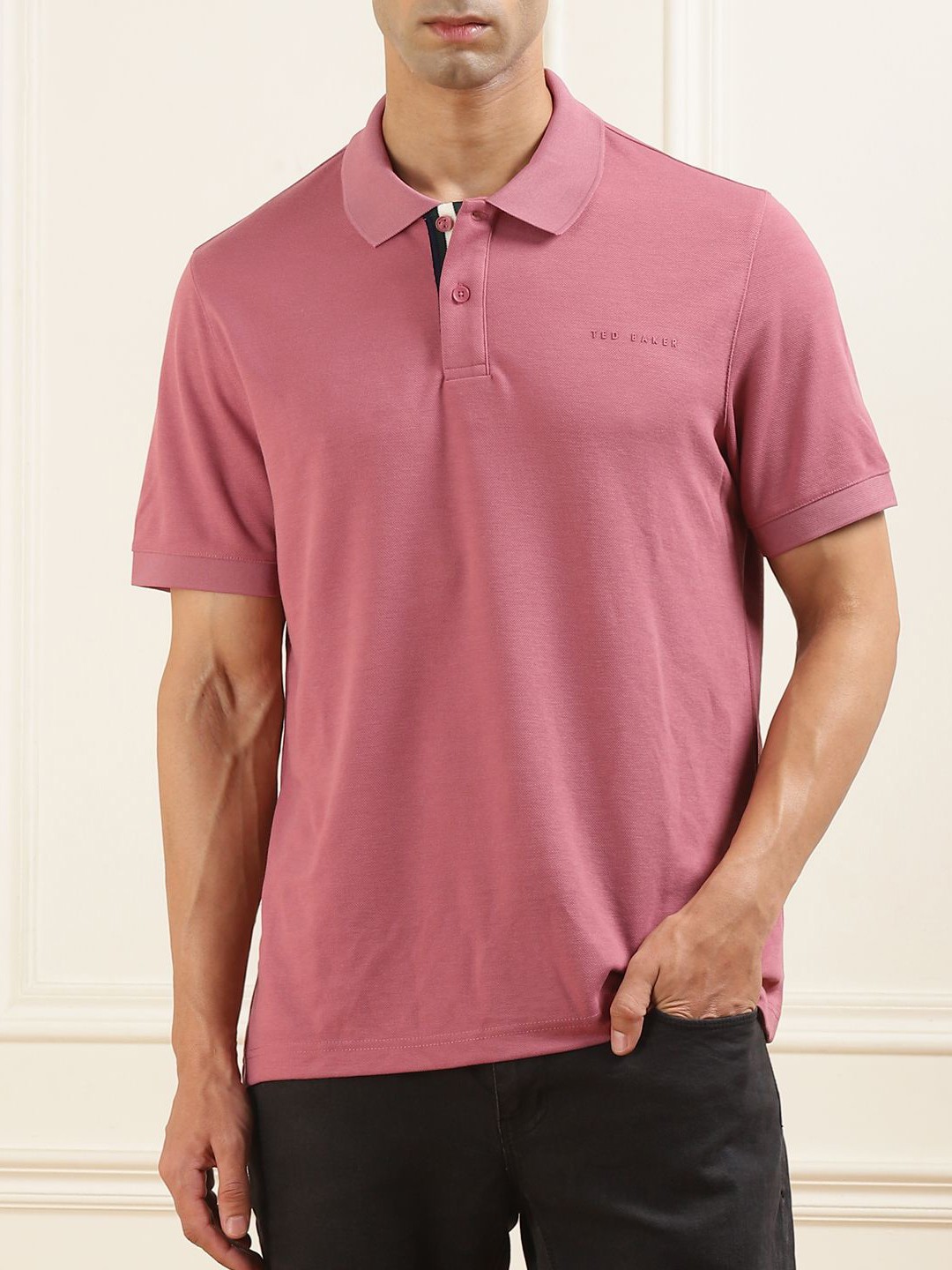 

Ted Baker Men Solid Polo Collar Cotton Slim Fit T-shirt, Pink