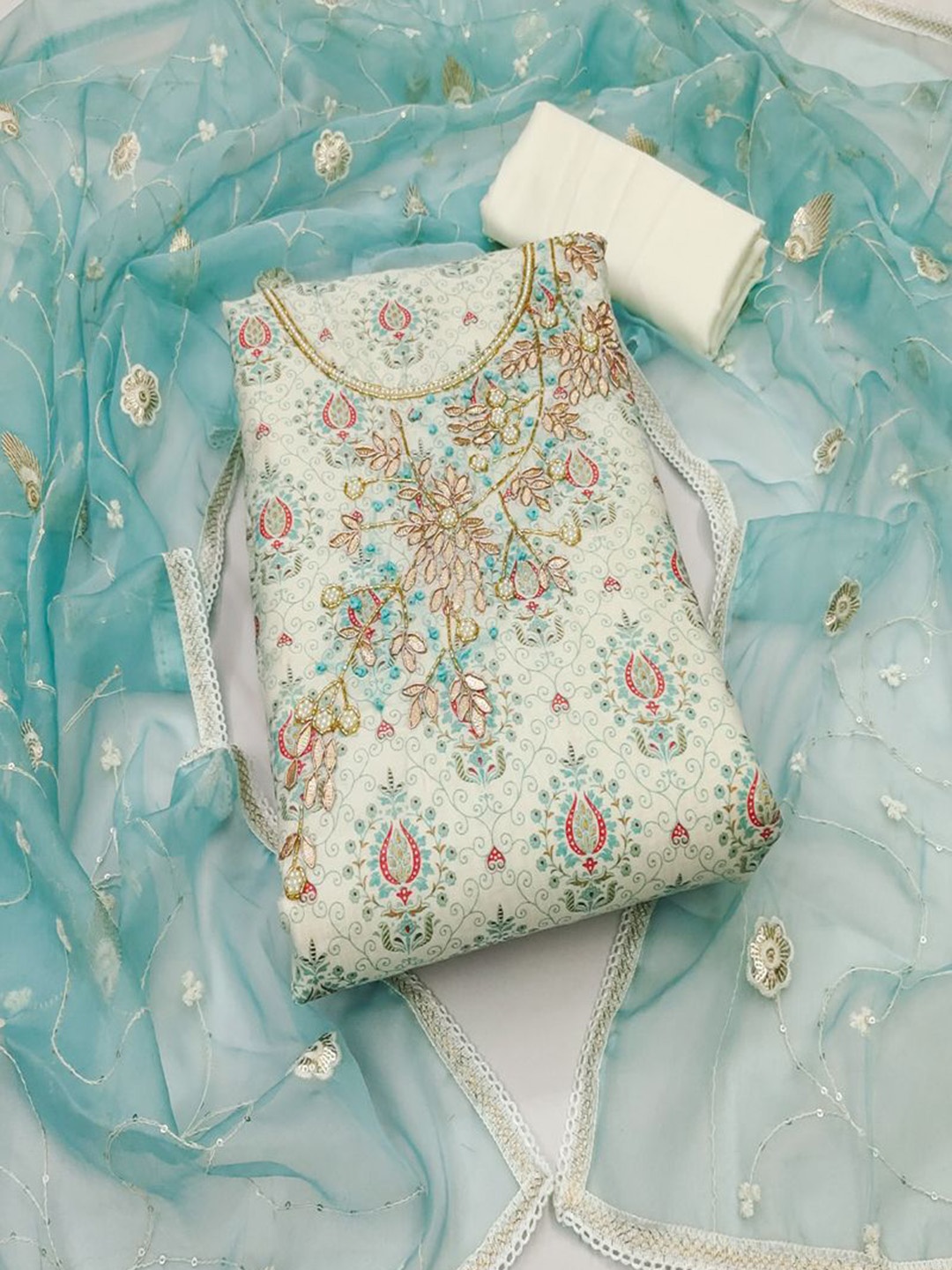 

ASISA Floral Printed Beads and Stones Unstitched Dress Material, Cream