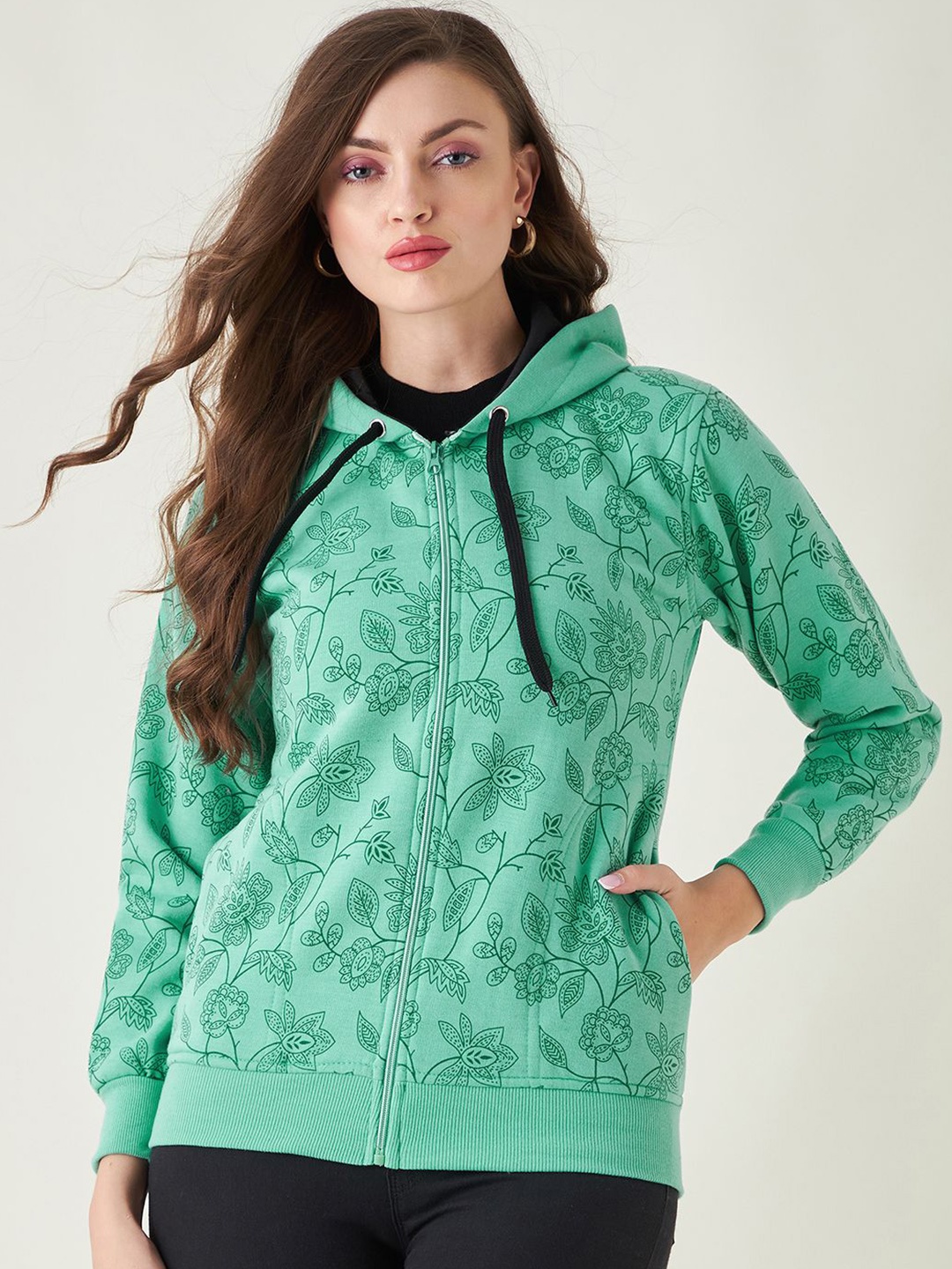 

PIVL Women Floral Printed Windcheater Hooded Jacket, Green