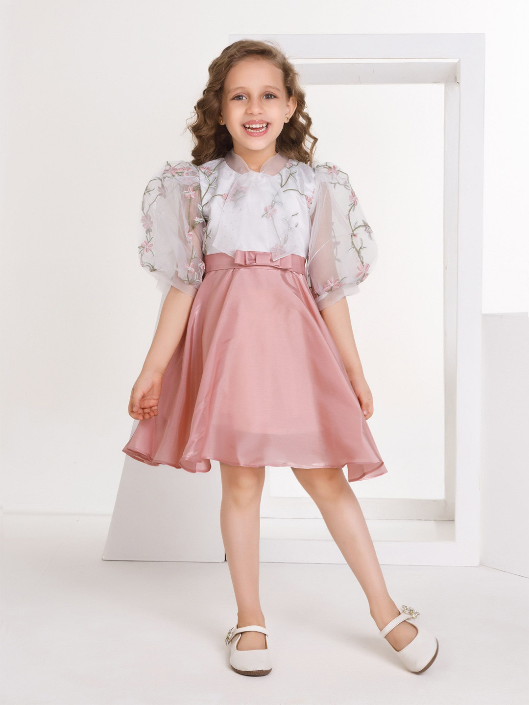 

Peppermint Girls Embroidered Puff Sleeve Fit & Flare Dress, Peach