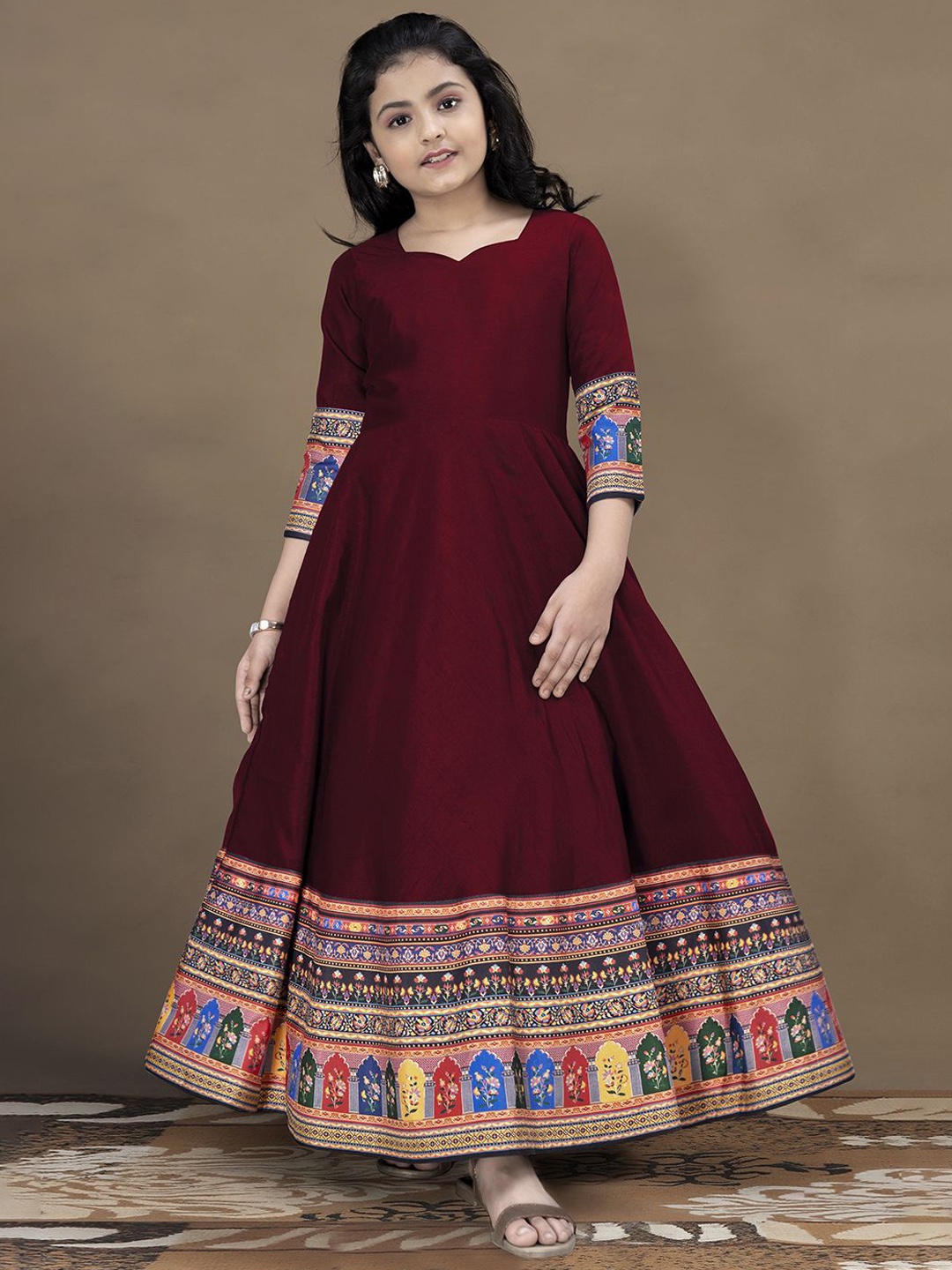 

BAESD Girls sweetheart neck embroidered anarkali ethnic motifs fit and flare maxi dress, Maroon