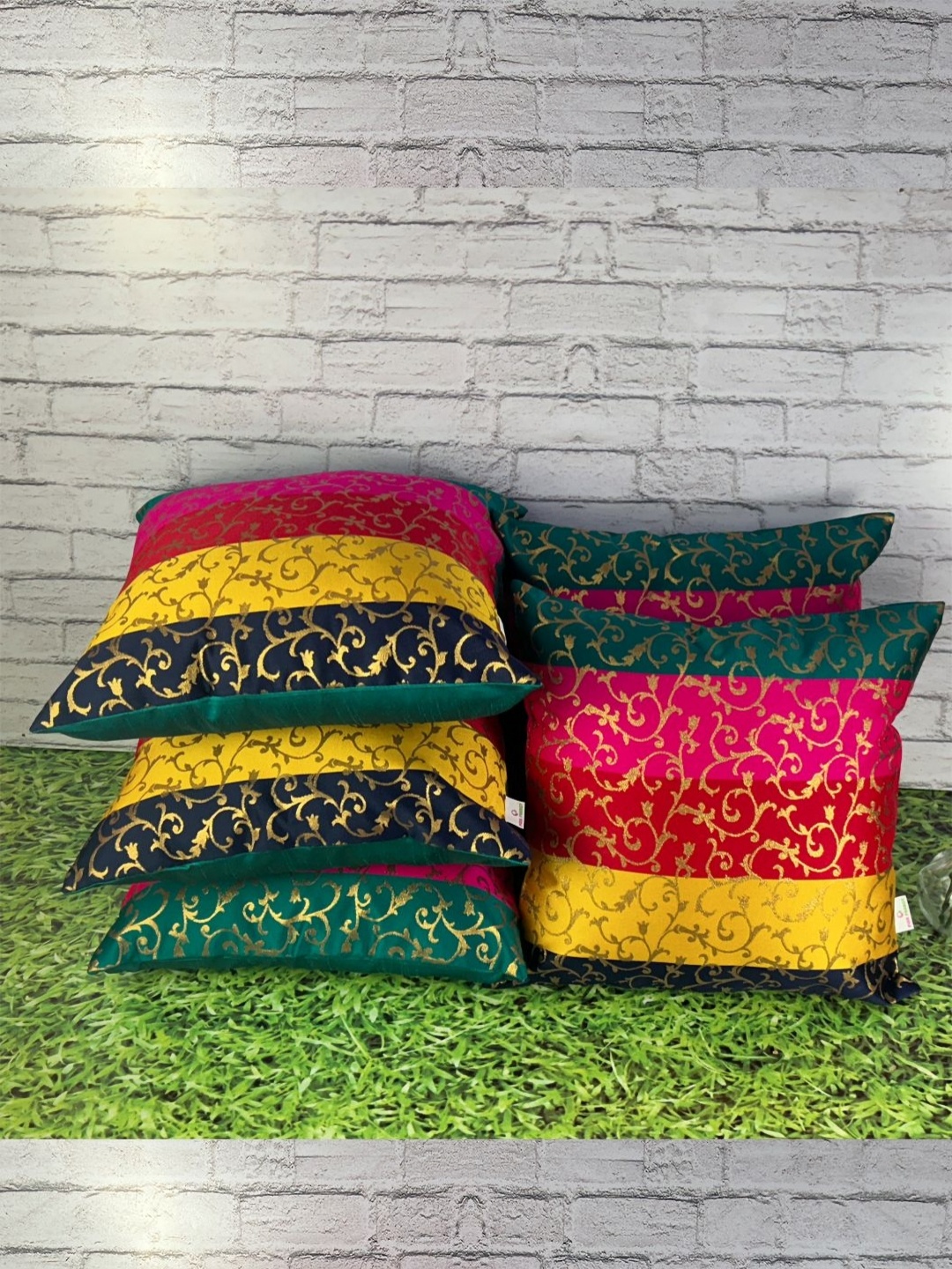 

Pink Parrot Yellow & Red 5 Pieces Ethnic Motifs Printed Square Cushion Covers