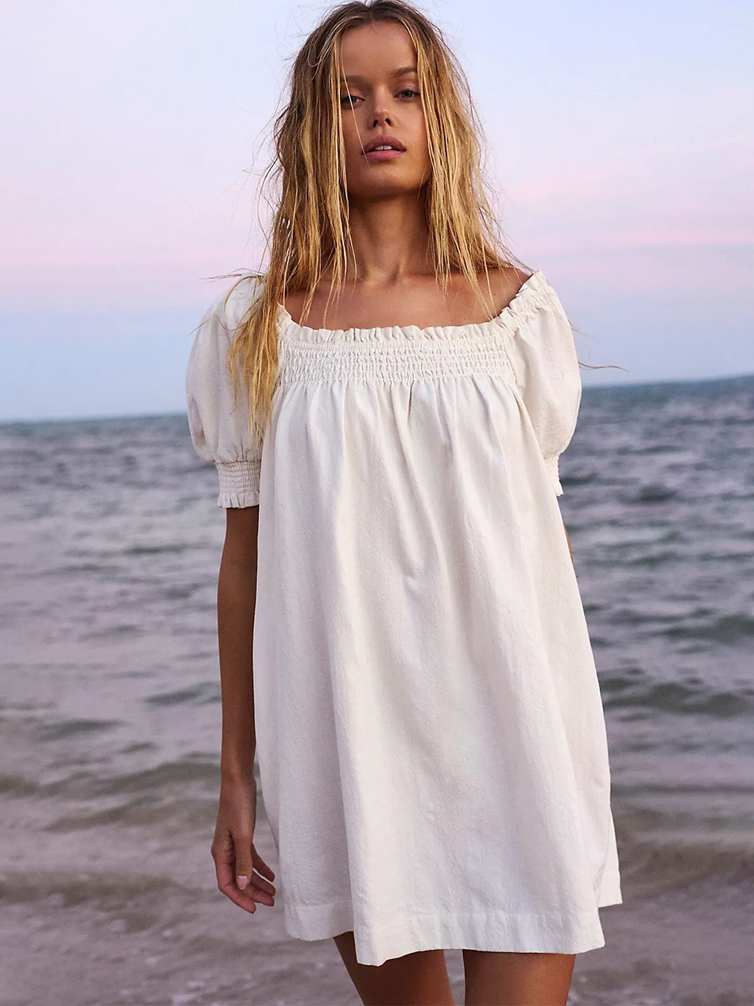 

LULU & SKY Women Off-Shoulder Puff Sleeve A-Line Dress, White
