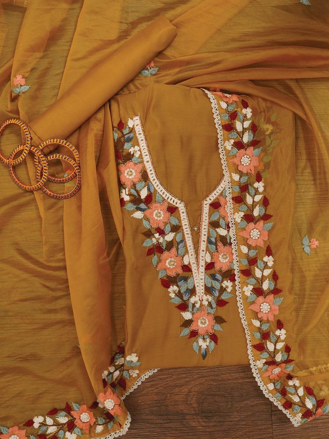 

Jaipur Kurti Pure Silk Lucknowi Embroidered Dress Material with Dupatta, Mustard