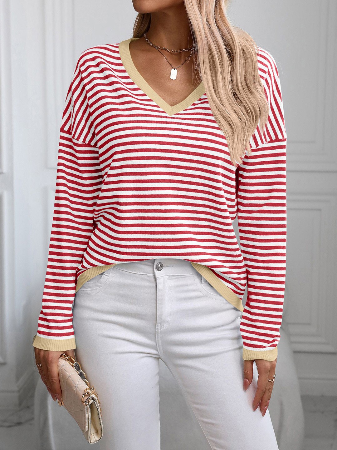 

StyleCast x Revolte Women Horizontal Striped V-Neck Top, Red