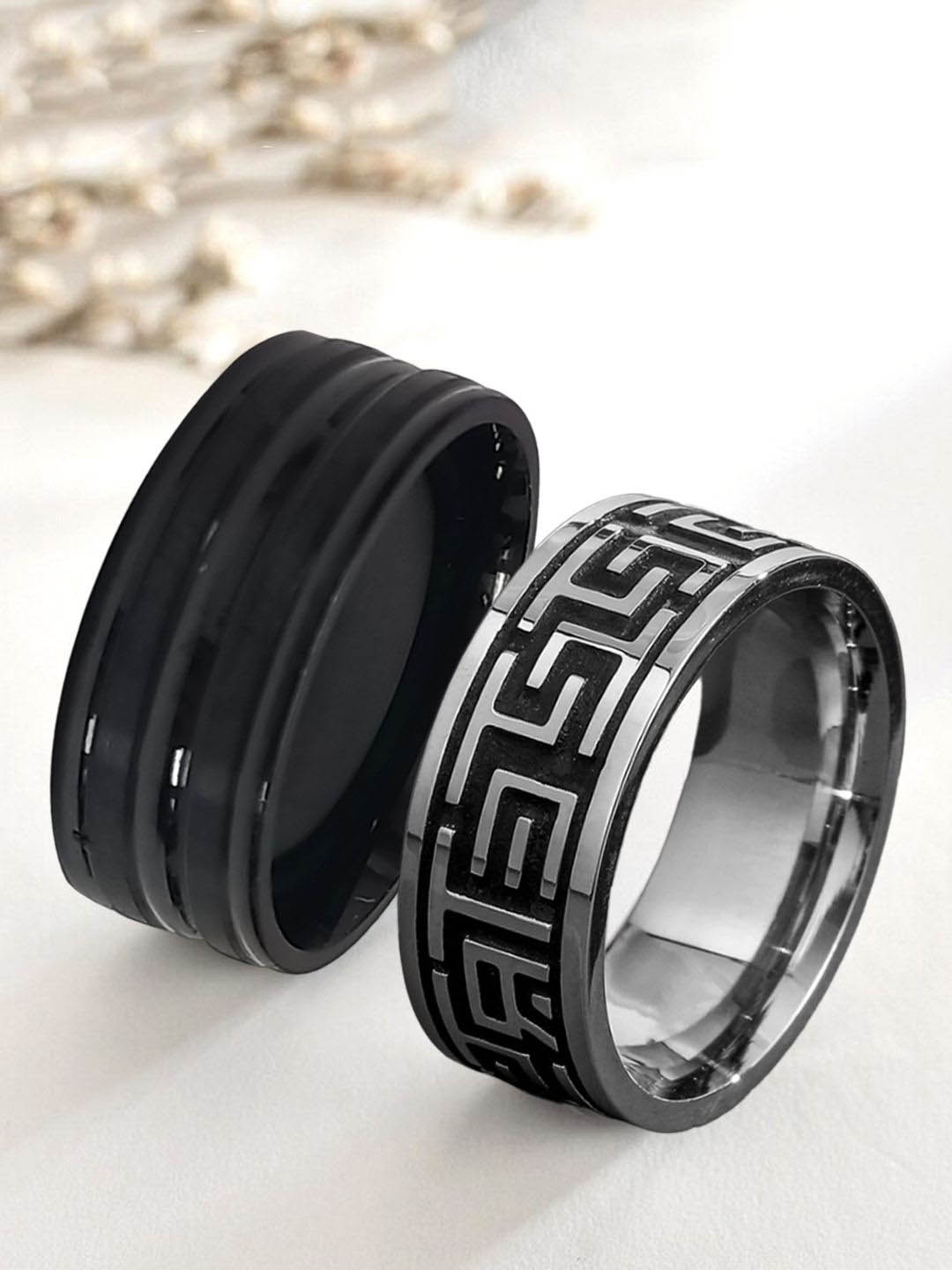 

fabula Men Set Of 2 Stainless Steel Band Finger Rings, Black