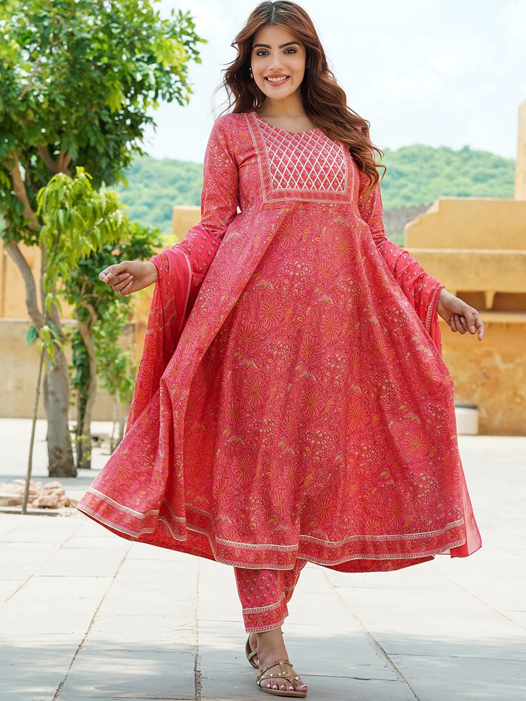 

KALINI Floral Printed Pure Cotton Anarkali Kurta With Trousers & Dupatta, Pink