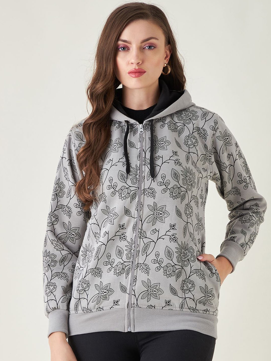 

PIVL Women Floral Printed Windcheater Hooded Jacket, Grey