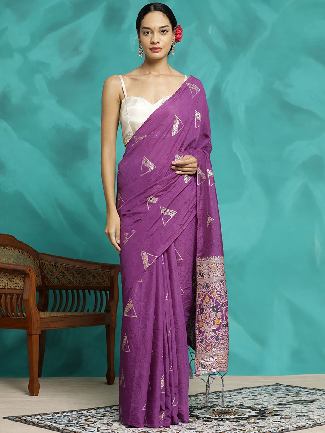 

Jaipur Kurti Silk Blend Banarasi Zari Woven Saree, Purple