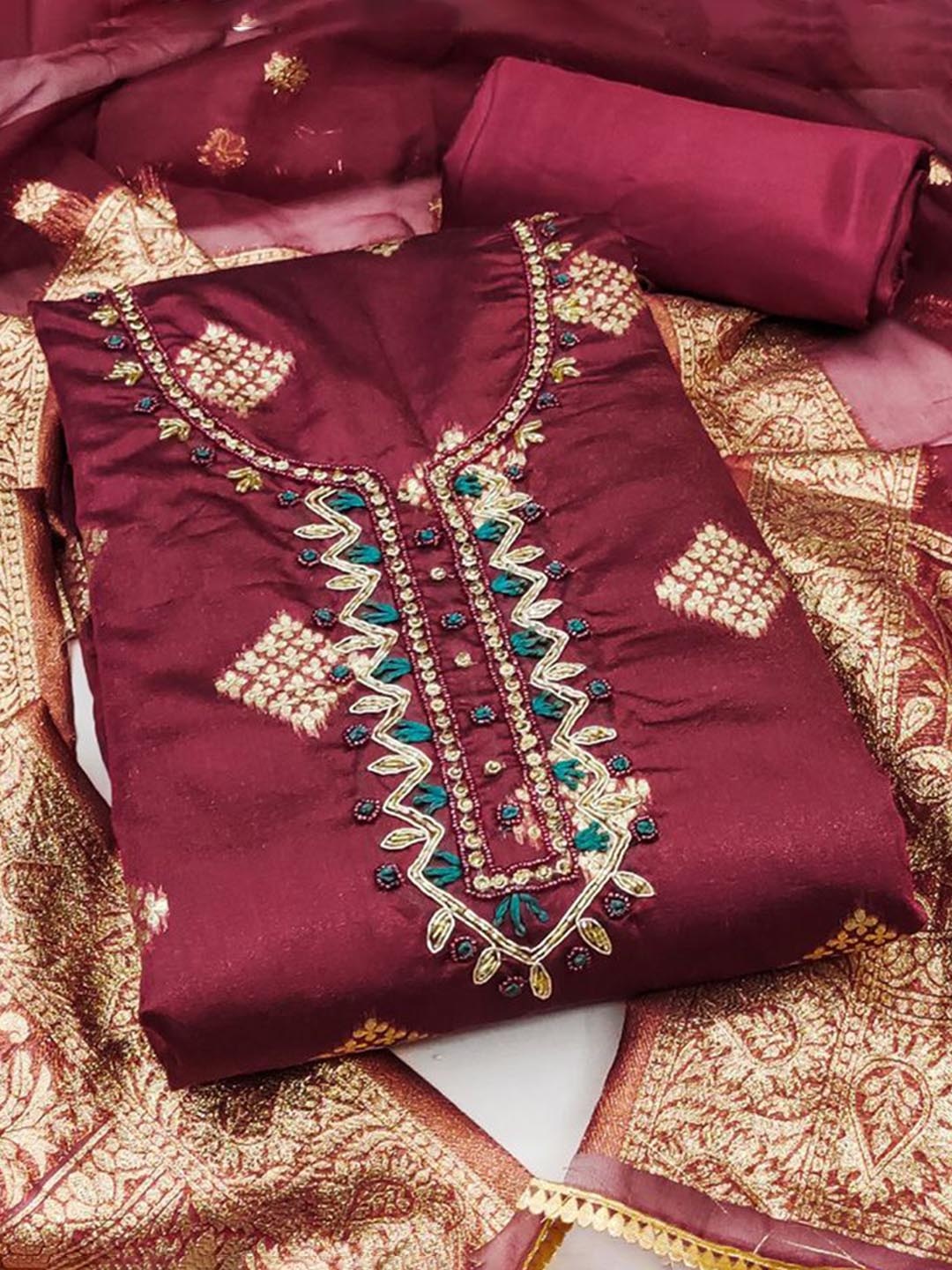 

ASISA Ethnic Motifs Woven Design Beads and Stones Unstitched Dress Material, Maroon