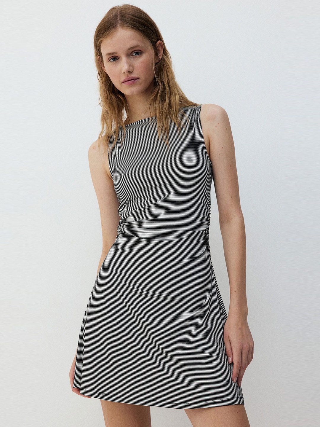 

H&M Striped Gathered Flared-Skirt Dress, White