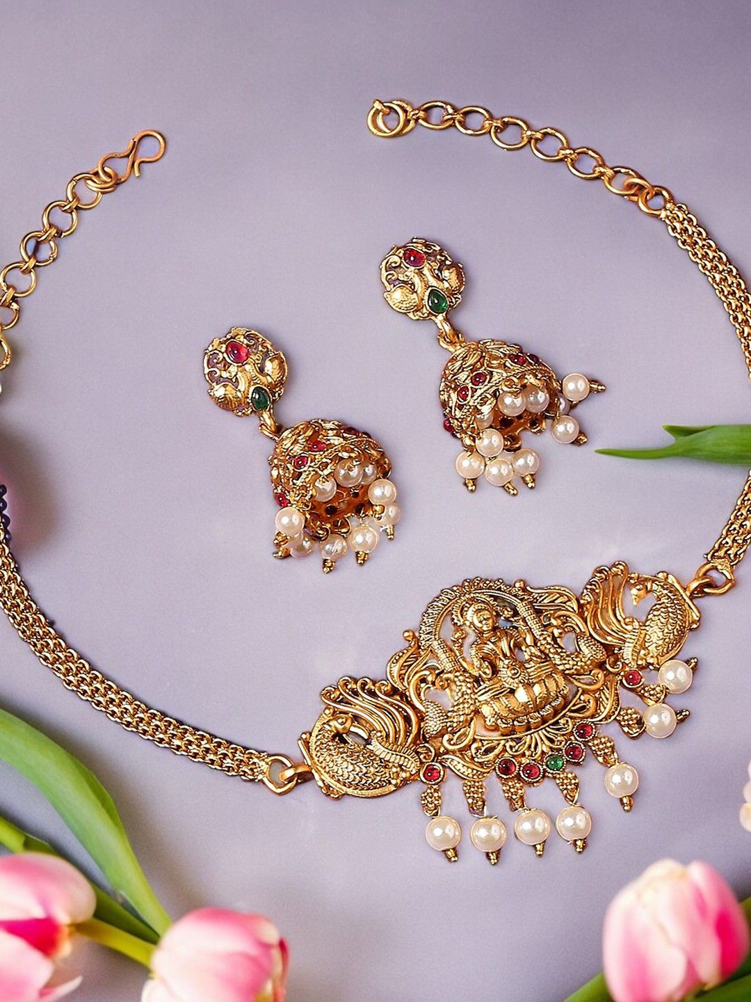

Anouk Stone Studded & Beaded Laxmi Temple Jewellery Set, Gold