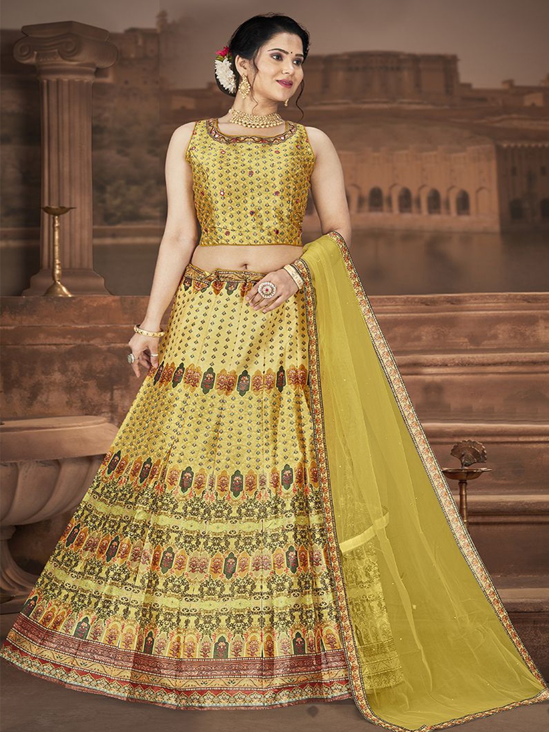 

Krimmple Printed Beads and Stones Ready to Wear Lehenga & Blouse With Dupatta, Yellow