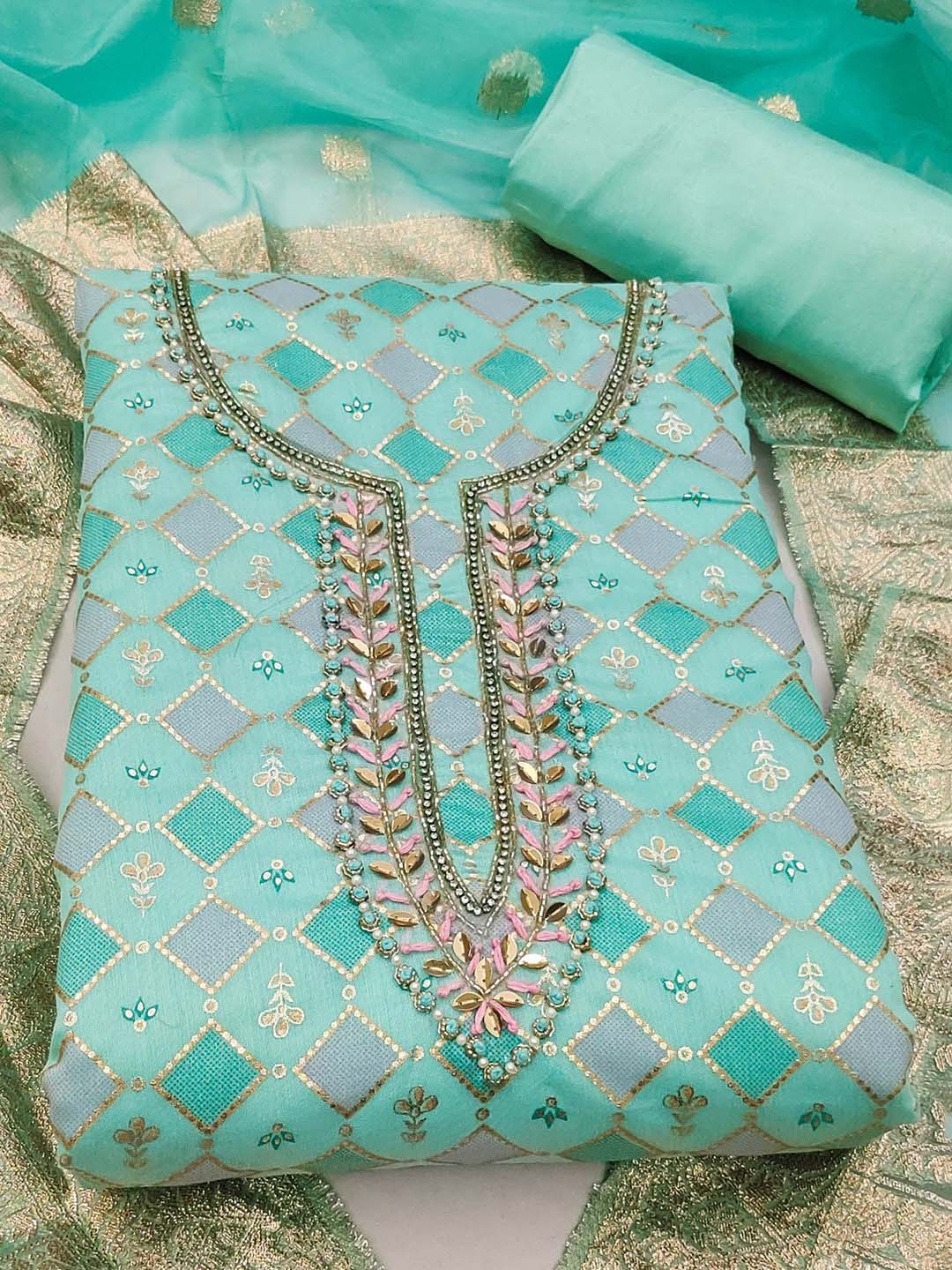 

Ishin Geometric Embroidered Beads and Stones Pure Silk Unstitched Dress Material, Sea green