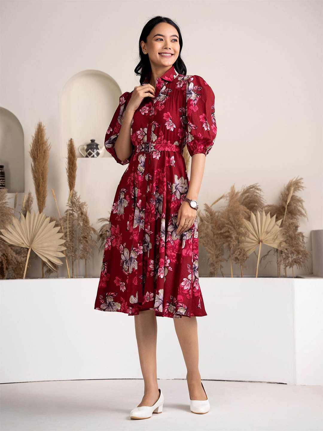 

AASK Floral Printed Puff Sleeve Fit & Flare Dress with Belt, Maroon