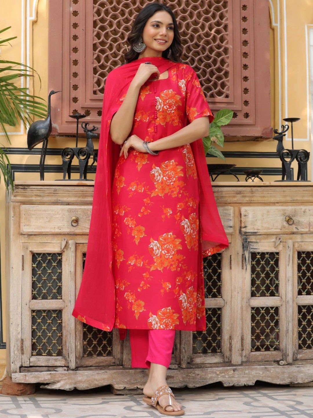 

Anni Designer Floral Printed Straight Kurta With Trouser & Dupatta, Orange