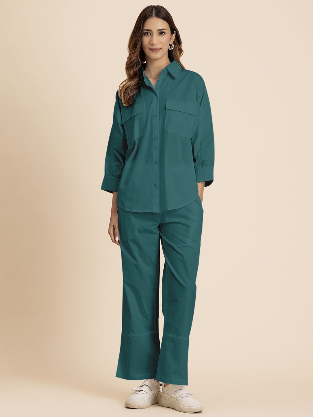 

Moomaya Cuffed Sleeves Pure Cotton Shirt With Trousers, Teal