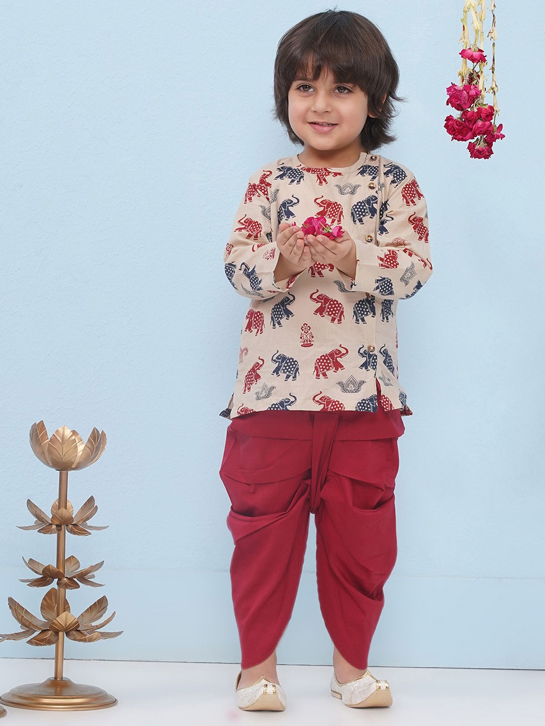 

Aj DEZInES Boys Ethnic Motifs Printed Pure Cotton Straight Kurta With Dhoti Pants, Beige