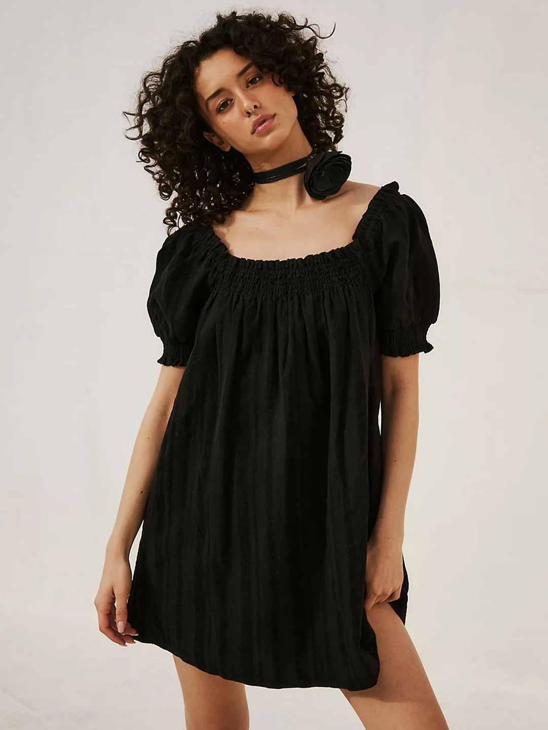 

LULU & SKY Women Puff Sleeve Cotton A-Line Mini Dress, Black
