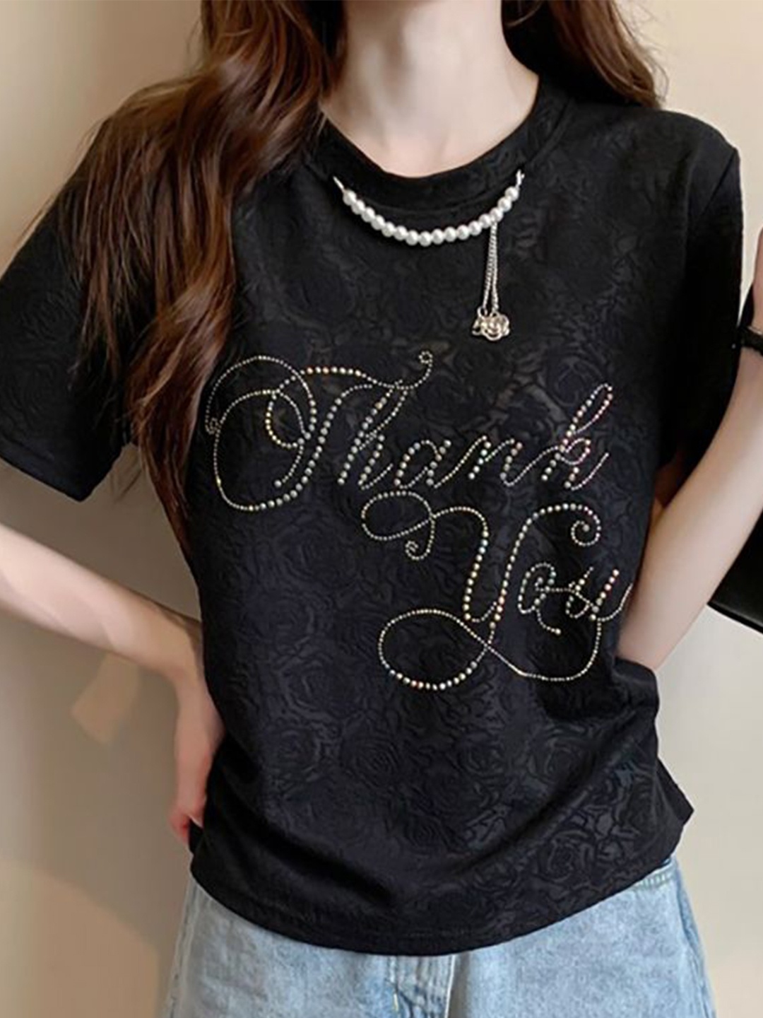 

StyleCast x Revolte Women Self Design Round Neck Top, Black