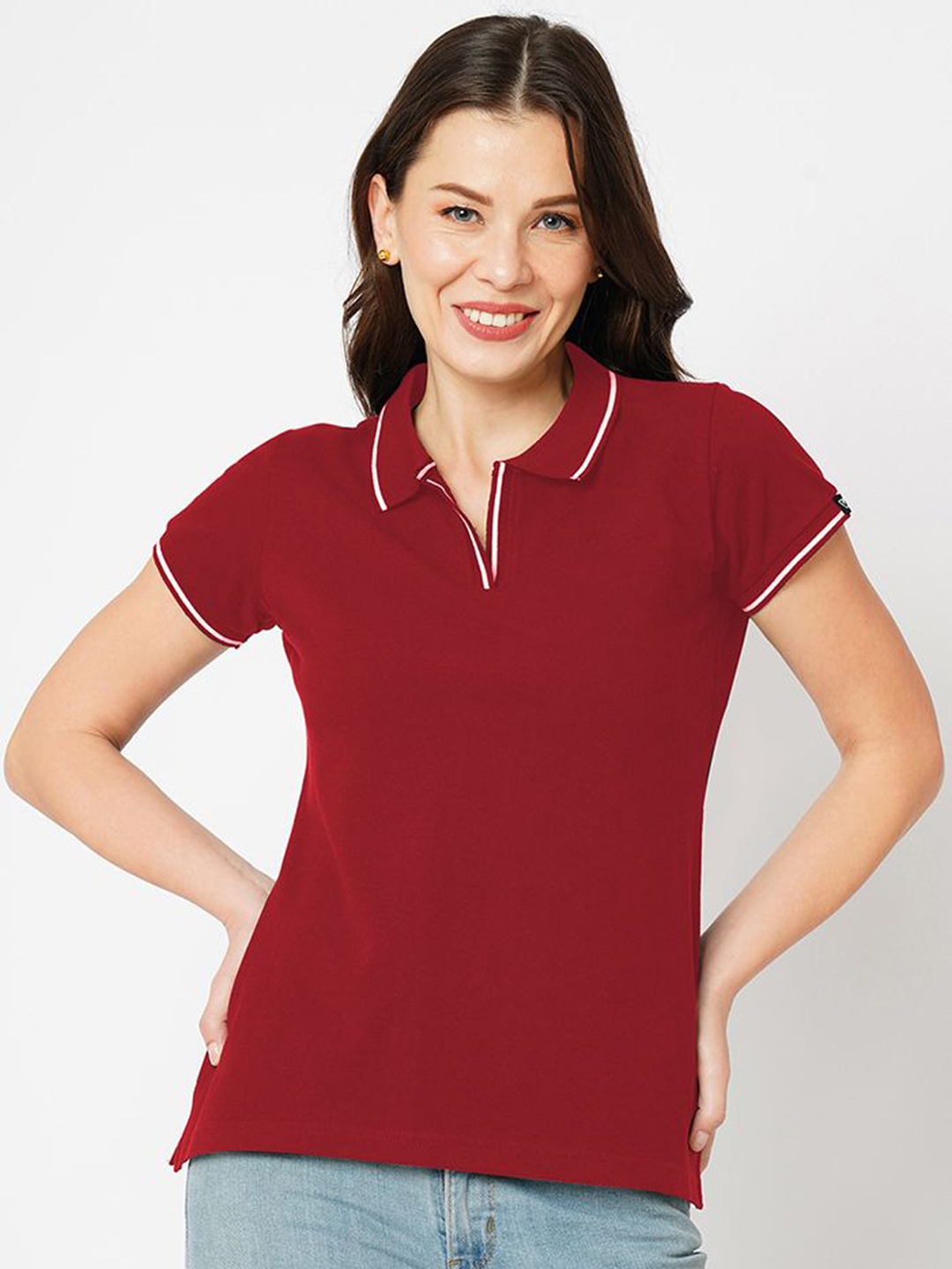 

Wear Your Opinion Women Solid Polo Collar Cotton T-shirt, Maroon