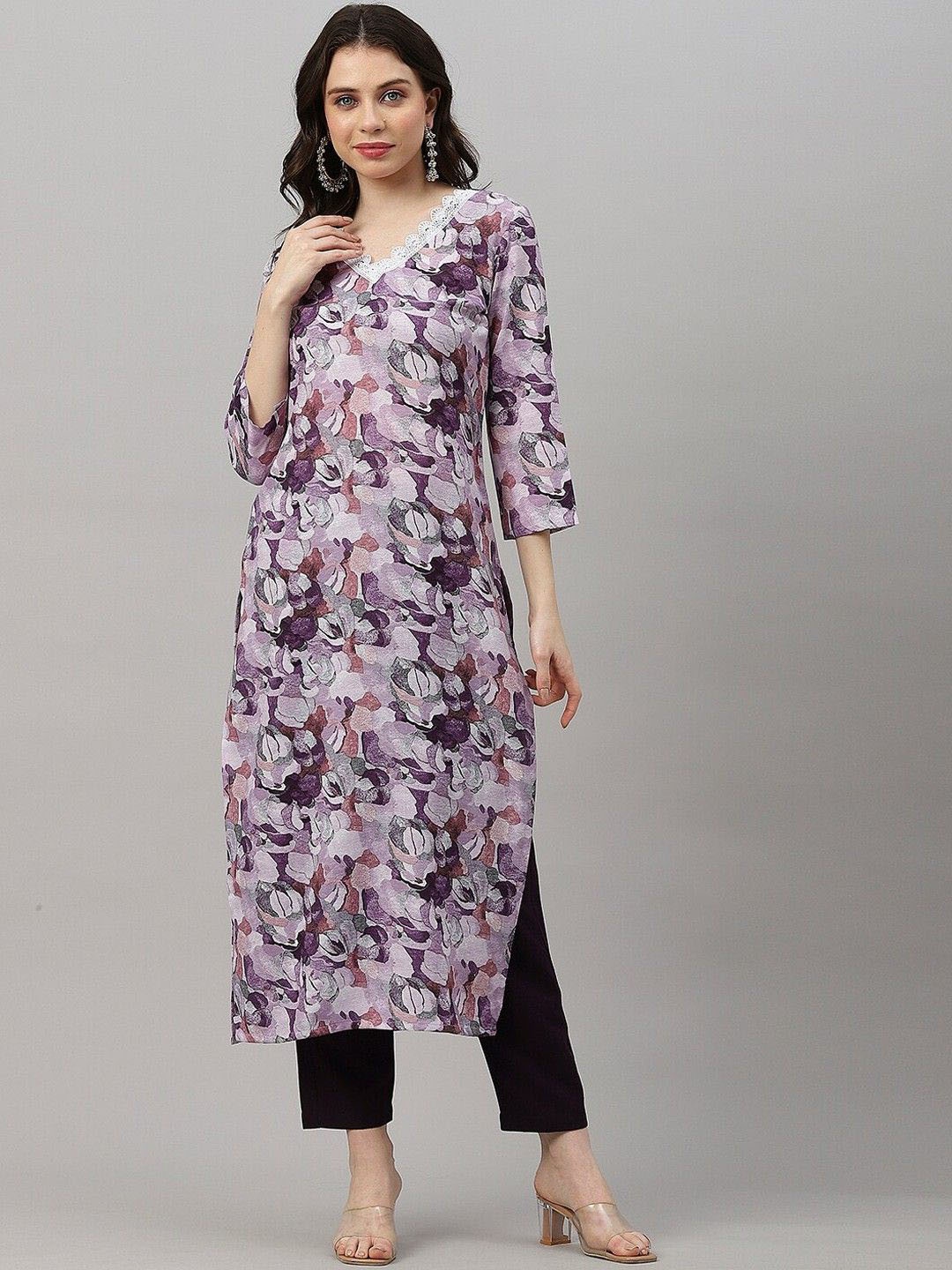 

Anni Designer Floral Printed V-Neck Straight Kurta with Trousers, Purple