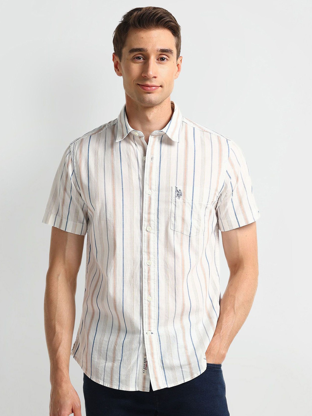 

U.S. Polo Assn. Denim Co. Men Modern Vertical Striped Cotton Slim Fit Casual Shirt, White