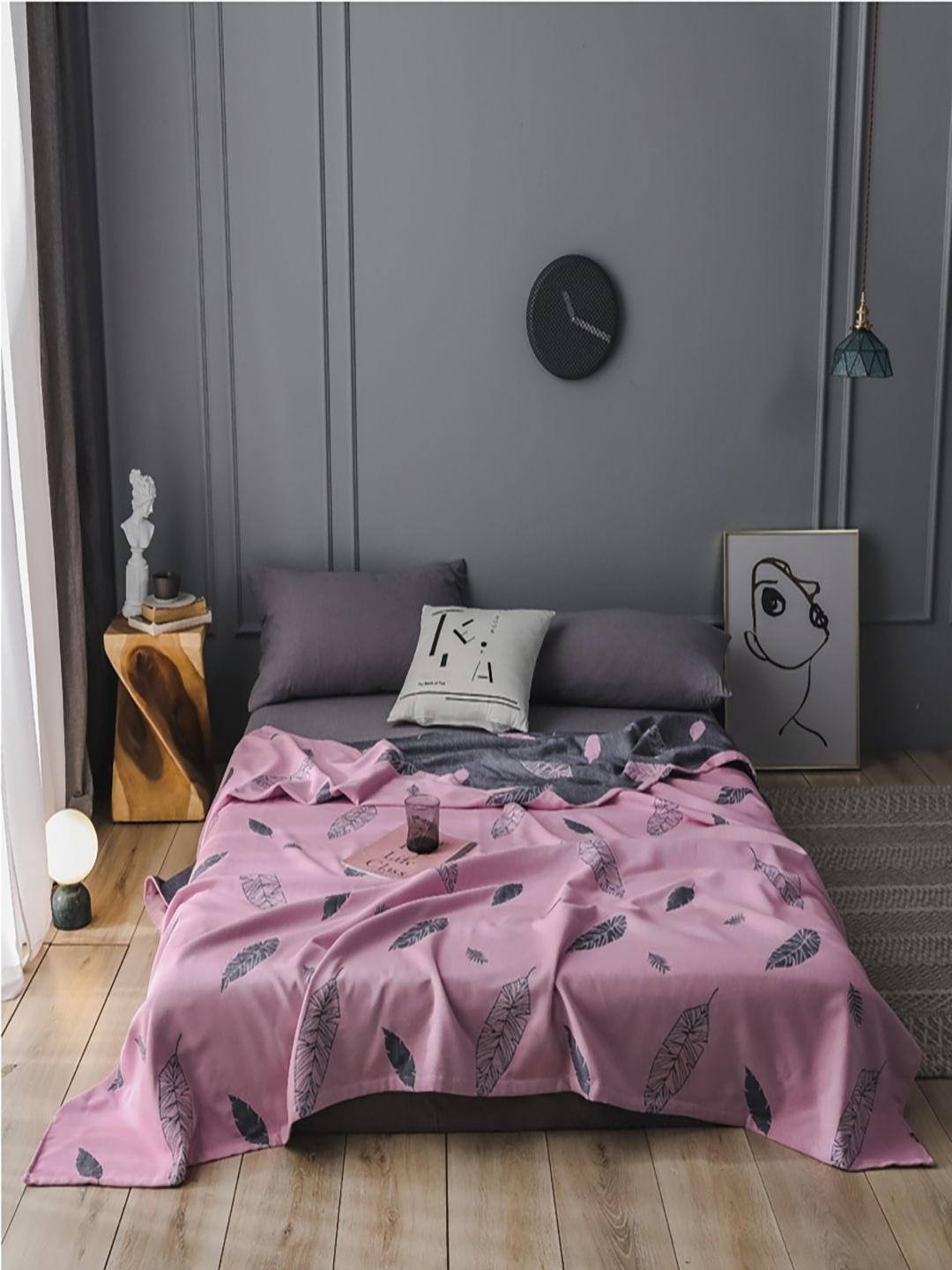 

JC HOME Pink & Grey Tropical 300 GSM AC Room Pure Cotton Double Bed Quilt