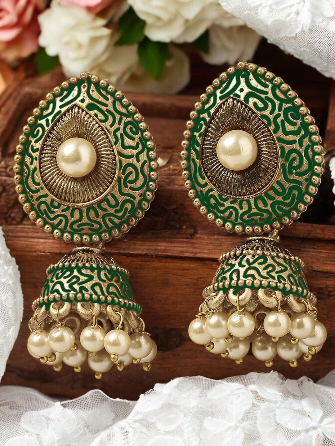 

Anouk Dome Shaped Meenakari Enamel with Pearls Jhumkas, Gold