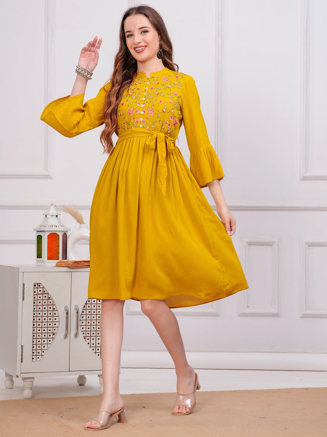 

BAESD Women solid Embroidered Bell Sleeves Fit & Flare Dress, Yellow