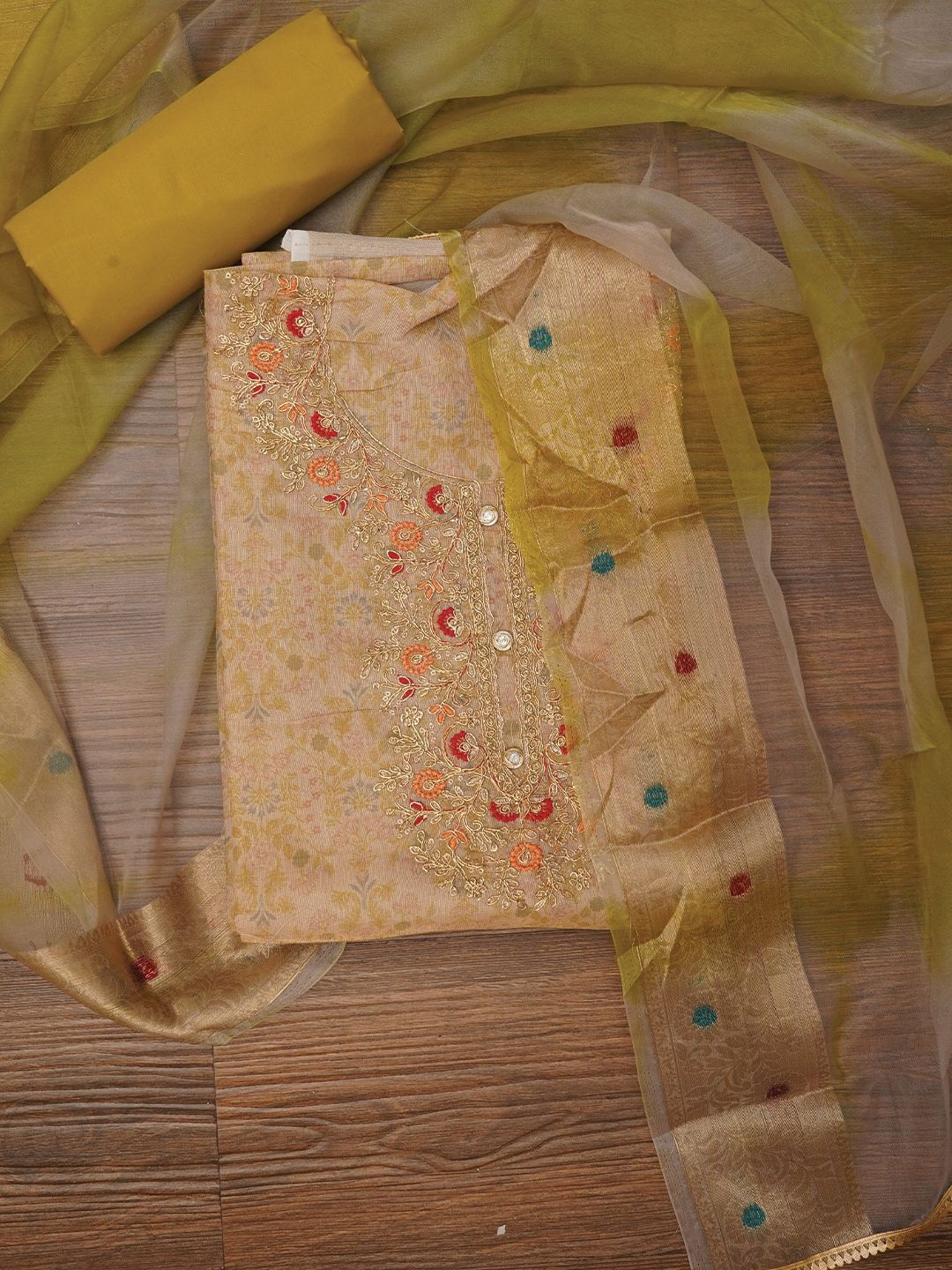 

Jaipur Kurti Embellished Organza Dress Material with Dupatta, Lime green