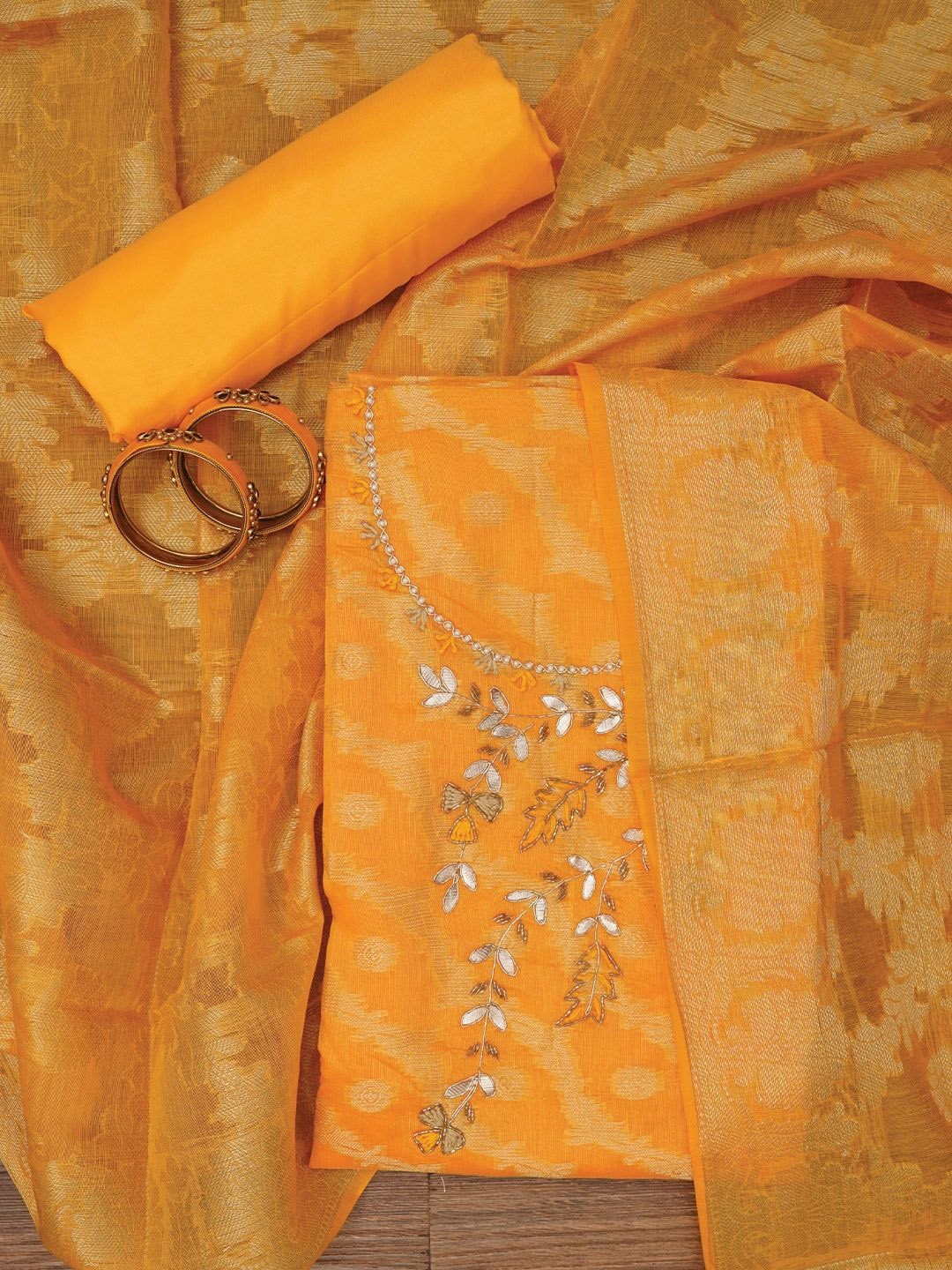 

Jaipur Kurti Zari Woven Silk Blend Dress Material with Dupatta, Mustard