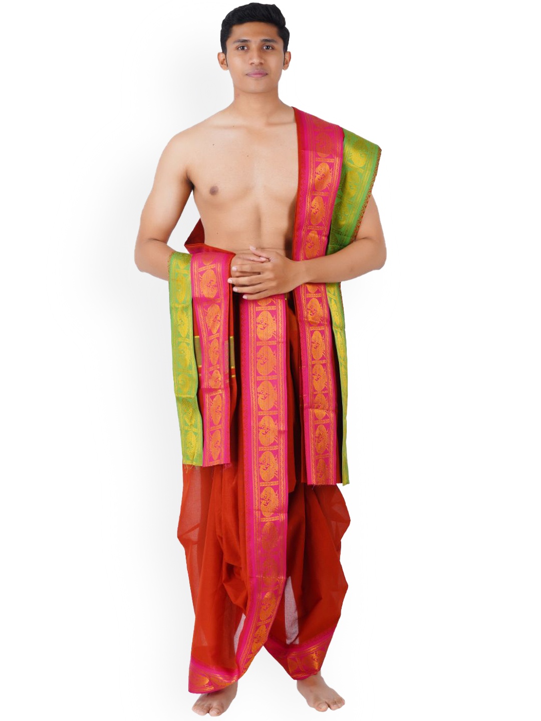 

Ethazh Men Cotton Dhoti & Angavasthram with Woven Zari Border, Red