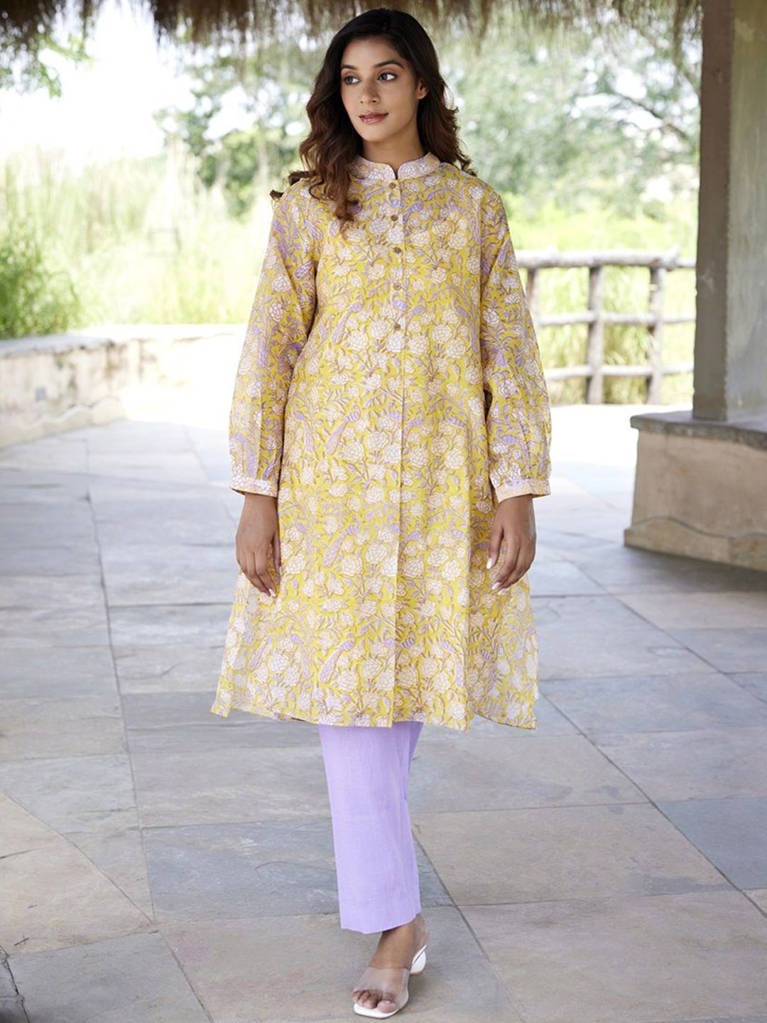 

JAIPURRANG Floral Printed Mandarin Collar Chanderi Silk Kurta, Yellow