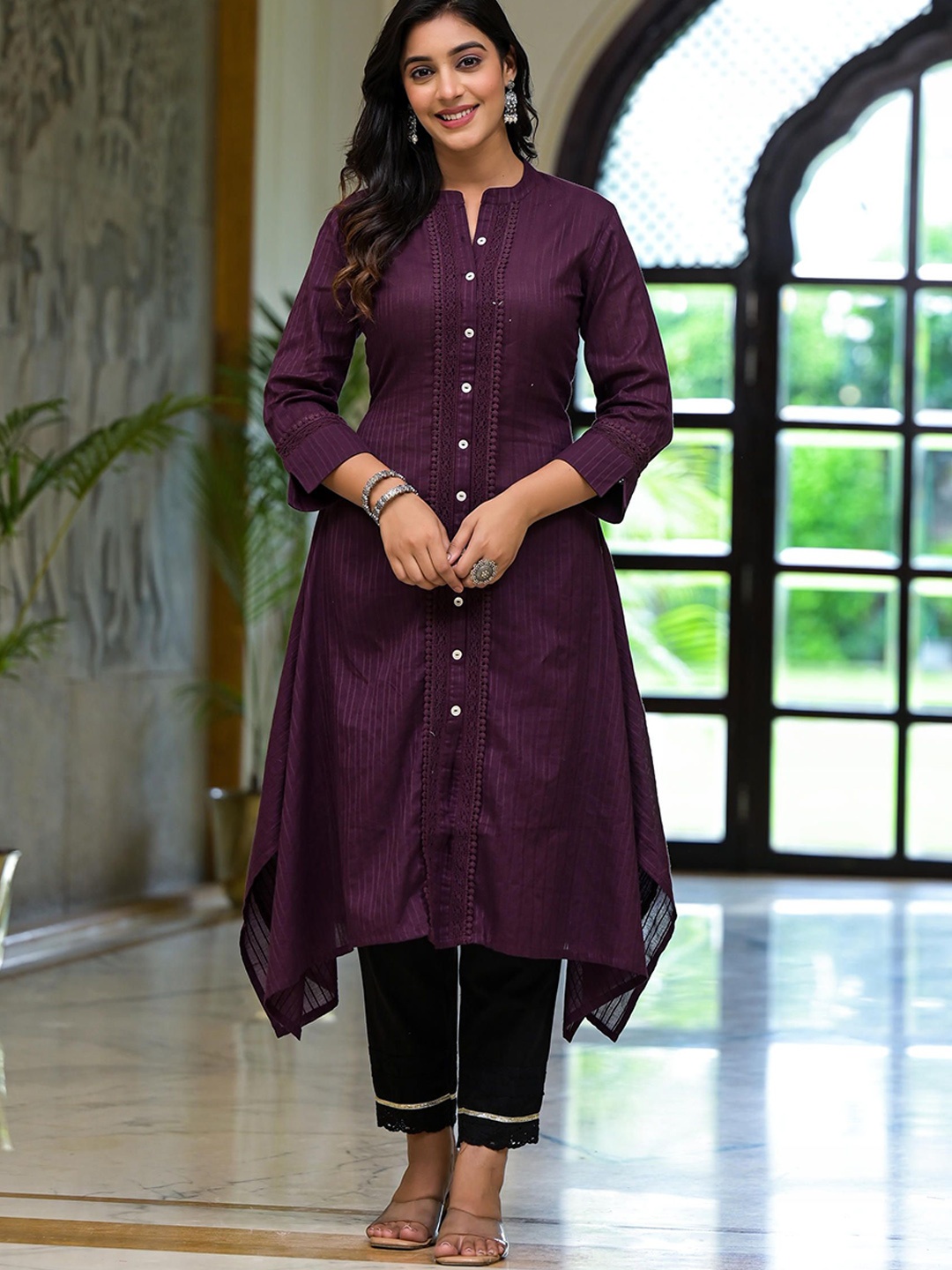

Juniper Striped Mandarin Collar Thread Work A-Line Kurta, Purple