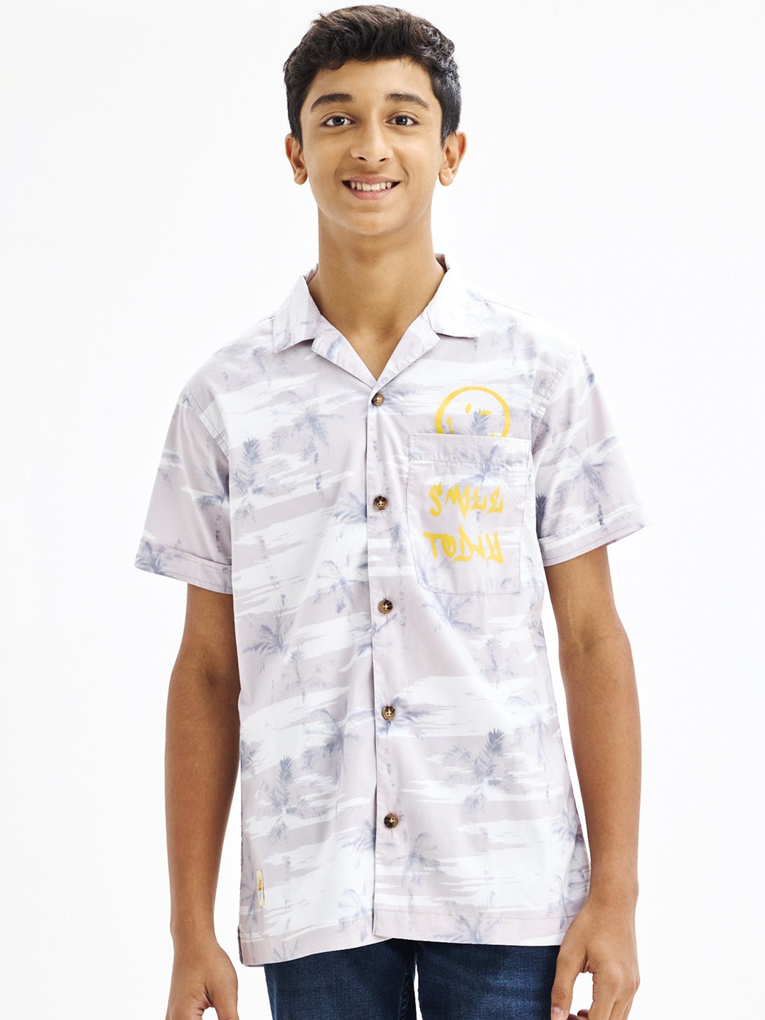 

NO MONDAYS Boys Relaxed Cuban Collar Floral Printed Cotton Casual Shirt, Off white