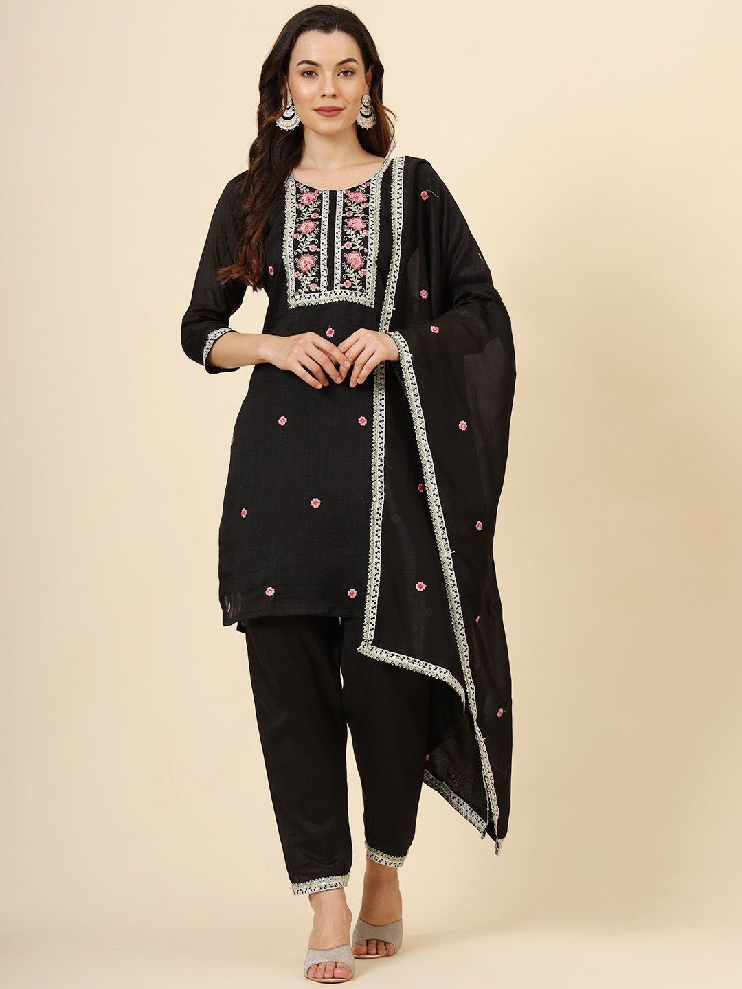 

Ekasya Ethnic Motifs Embroidered Thread Work Poly Silk Straight Kurta Trousers & Dupatta, Black