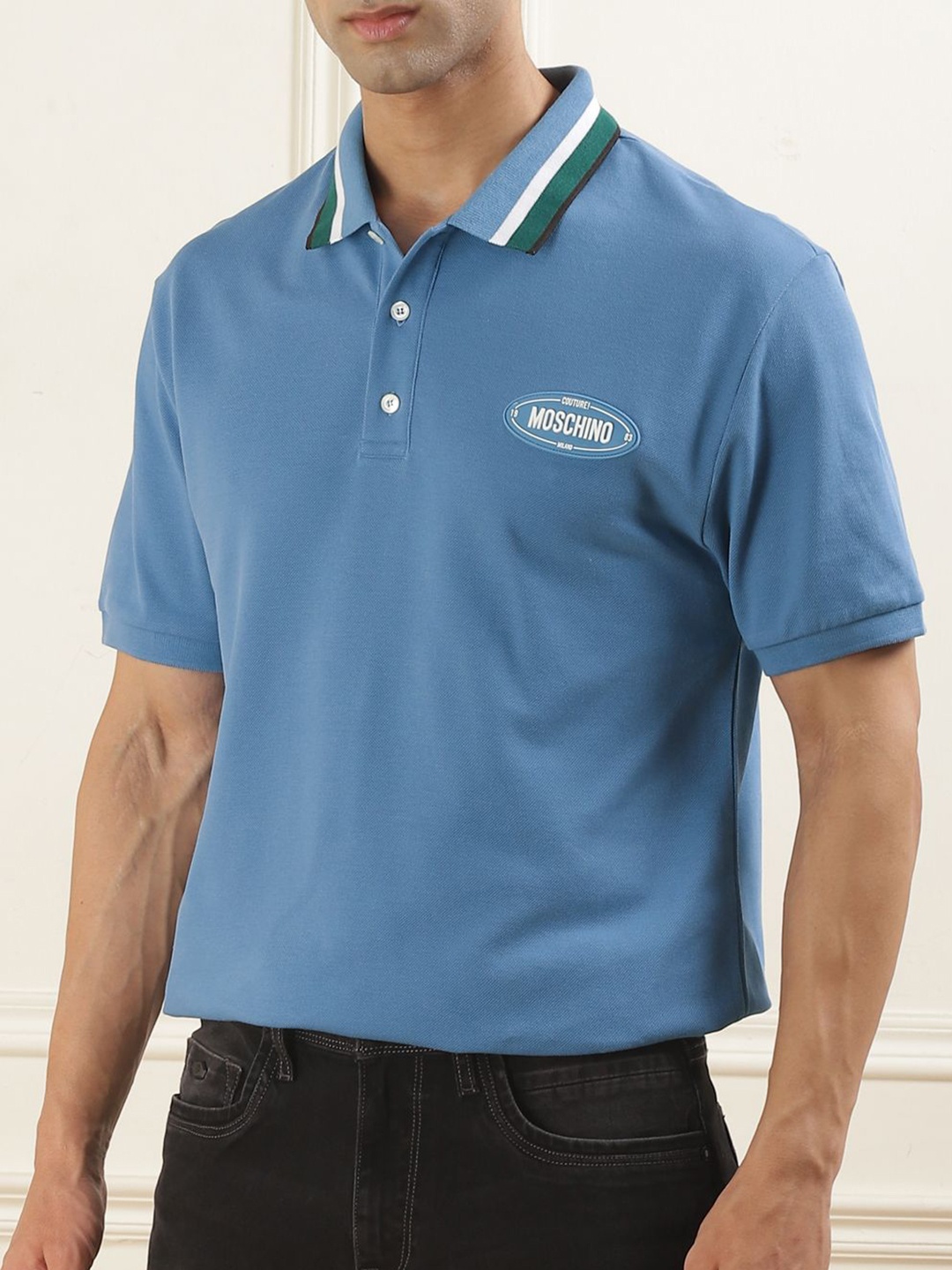 

MOSCHINO COUTURE Men Solid Polo Collar Cotton Slim Fit T-shirt, Blue