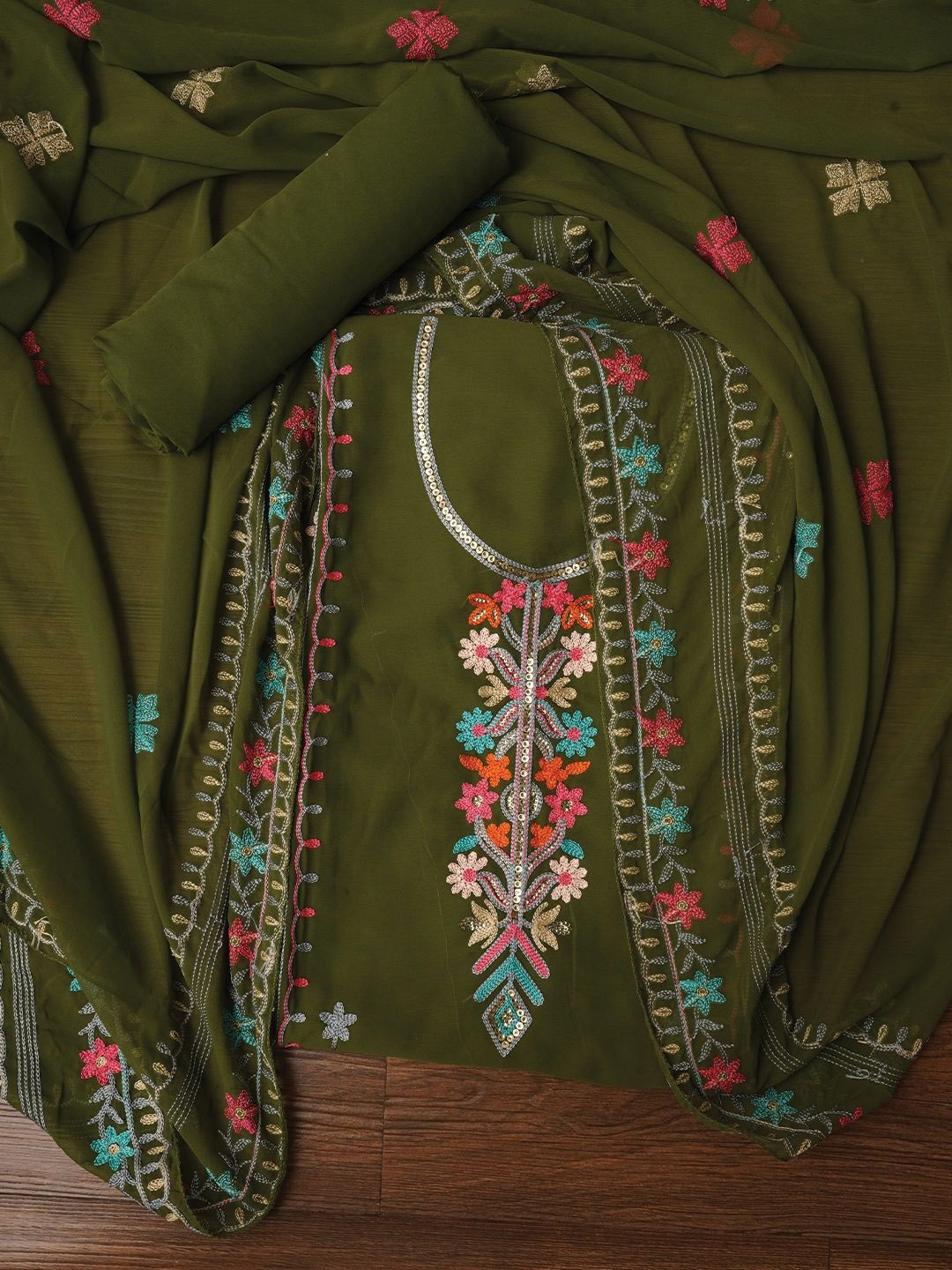 

Jaipur Kurti Sequin Embroidered Silk Georgette Dress Material with Dupatta, Olive