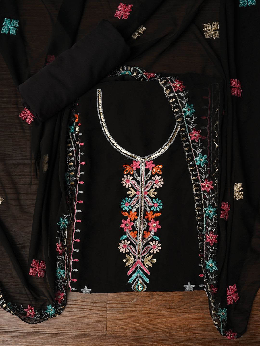 

Jaipur Kurti Sequin Embroidered Silk Georgette Dress Material with Dupatta, Black