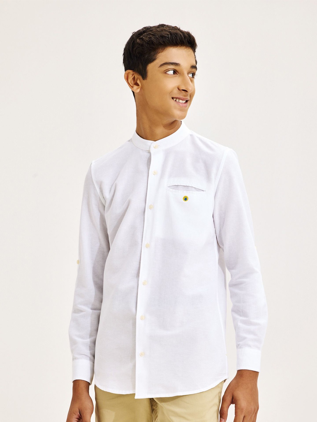 

NO MONDAYS Boys Relaxed Band Collar Solid Cotton Casual Shirt, White